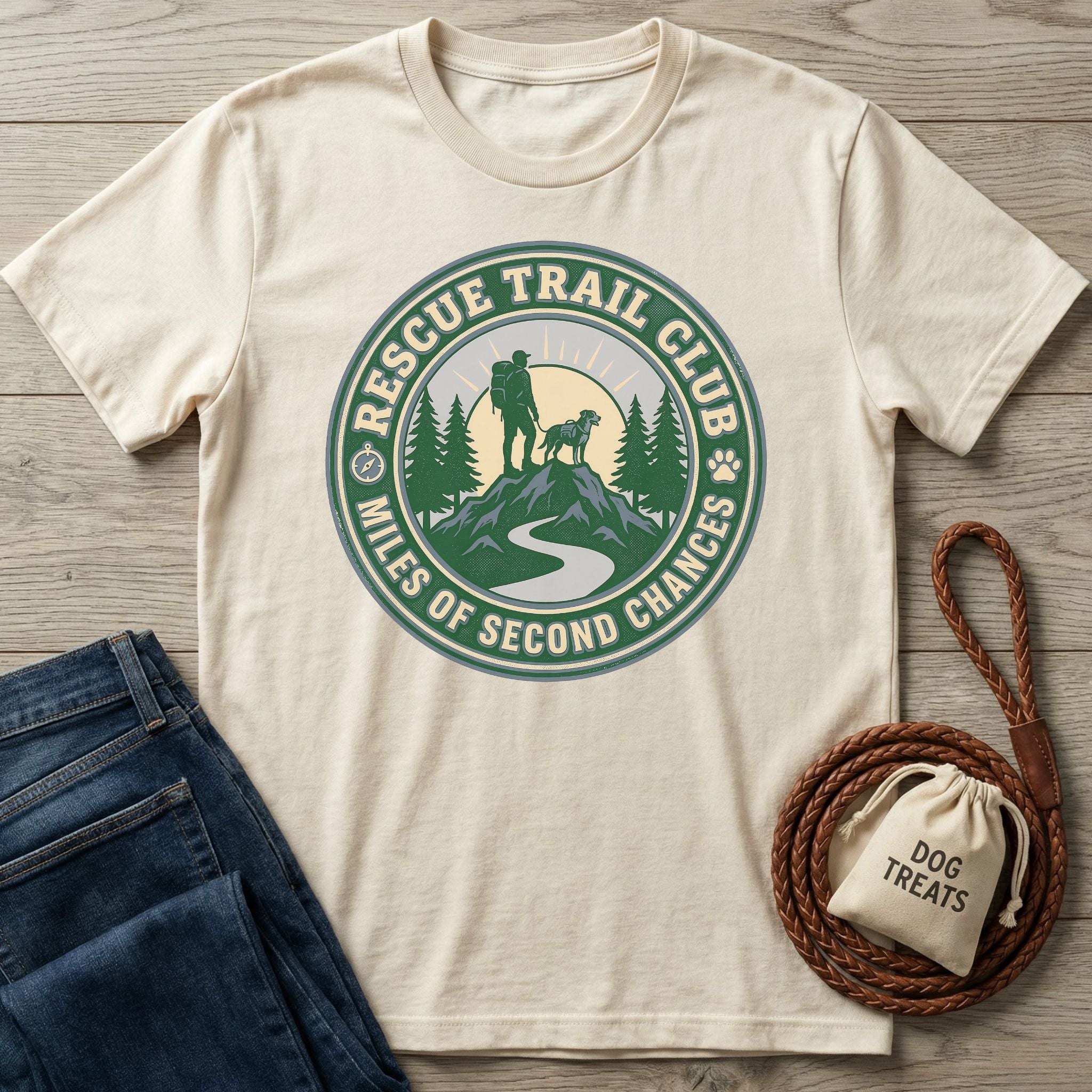 Rescue Trail Club T-shirt in natural, 100% ring-spun cotton, featuring a hiker and dog graphic.