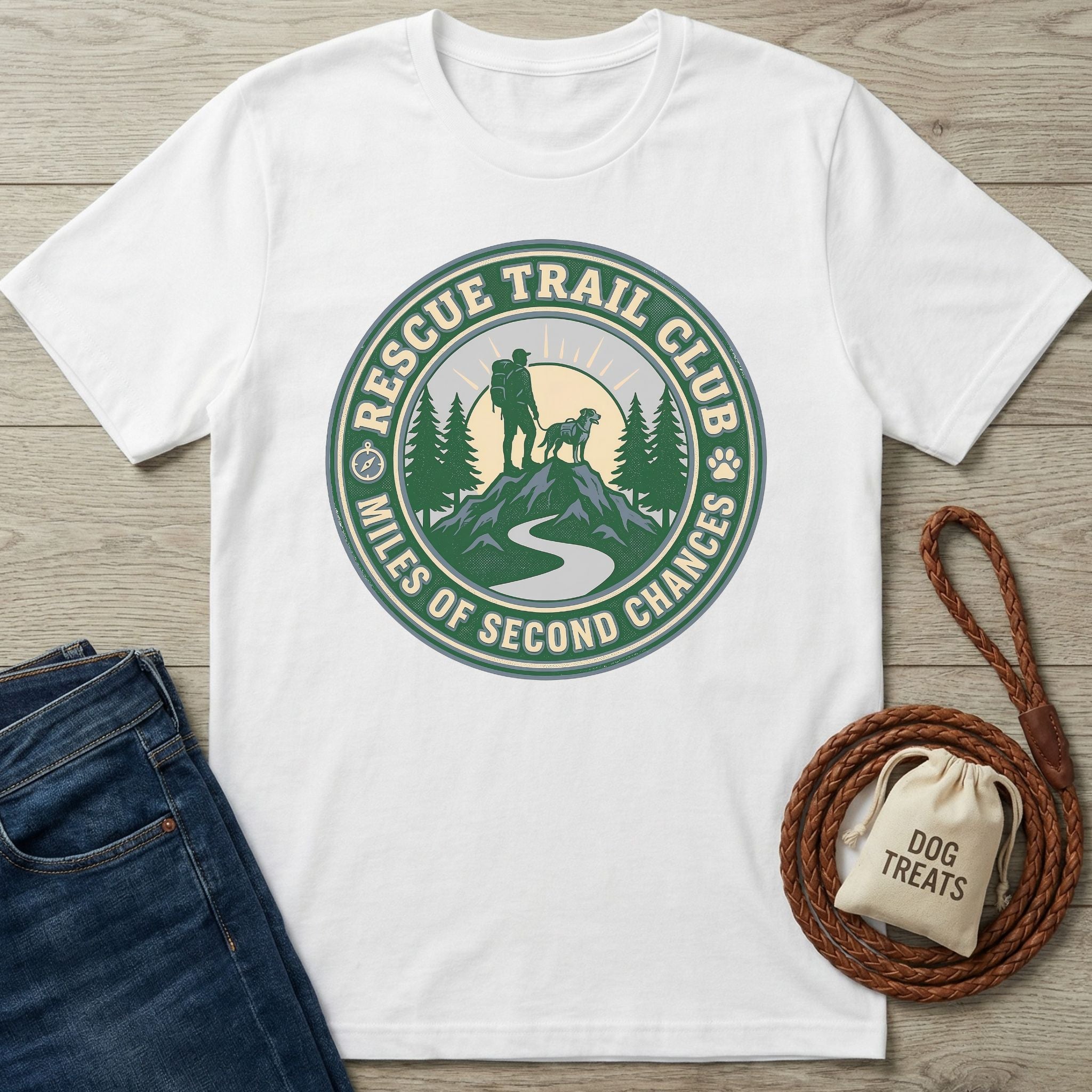 White Rescue Trail Club T-shirt with a green and blue graphic of a hiker, dog, mountains, and trees.