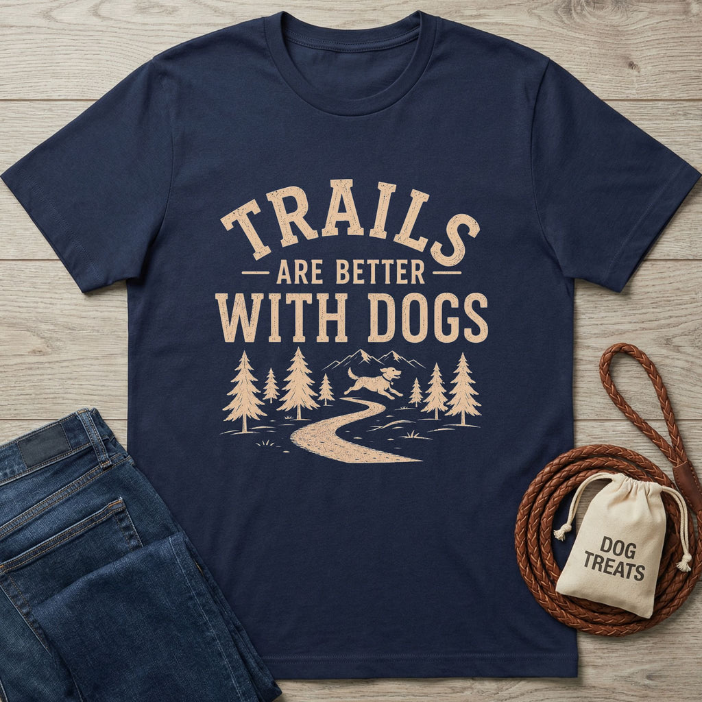 Navy blue cotton t-shirt with "Trails Are Better With Dogs" text, mountain, forest, and dog graphic.