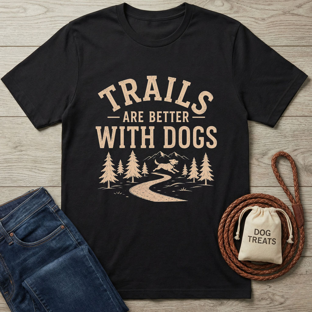 Black cotton t-shirt with "Trails Are Better With Dogs" text, mountain, trees, and dog graphic.