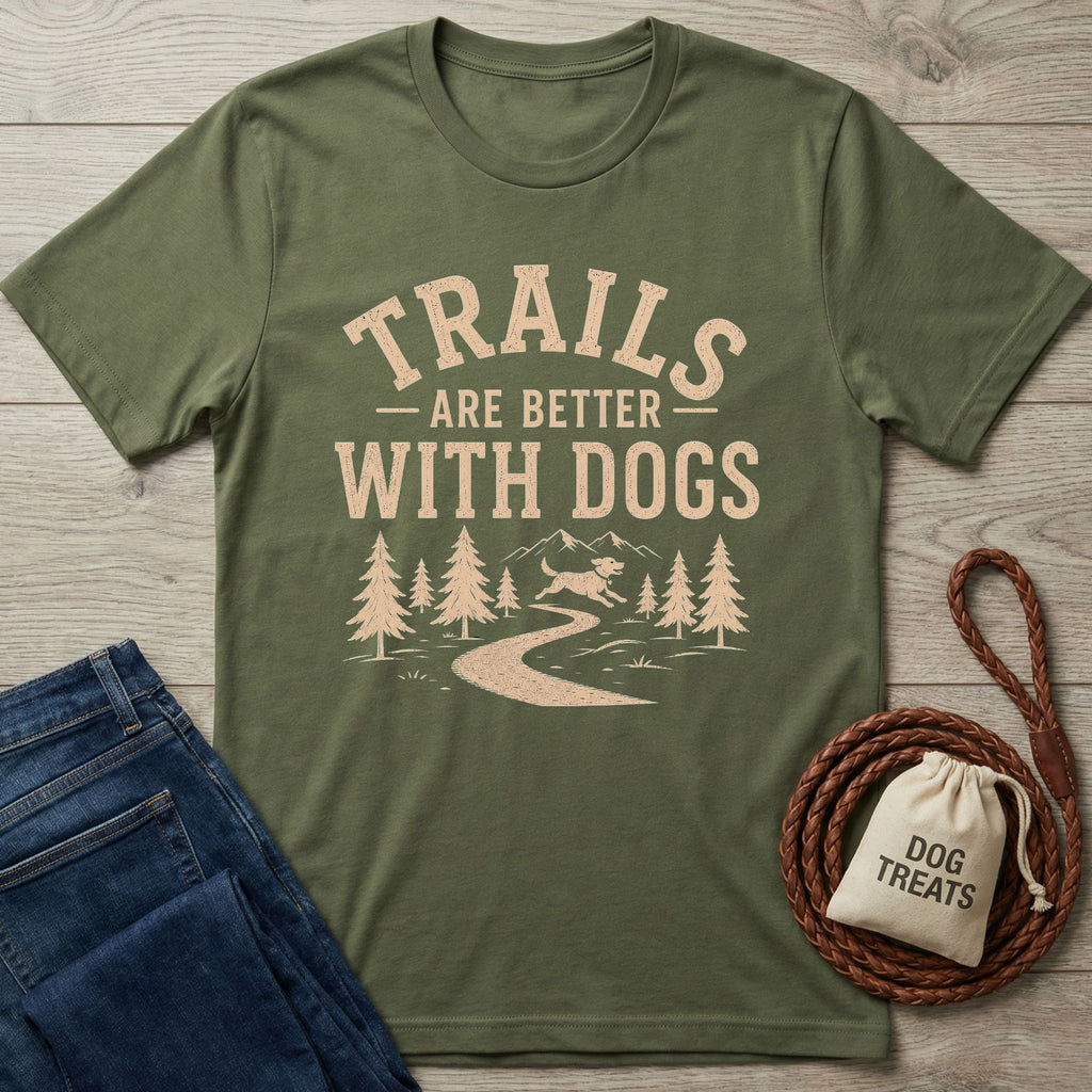 Olive green "Trails Are Better With Dogs" T-shirt with a mountain, trees, and dog design, next to jeans and dog treats.