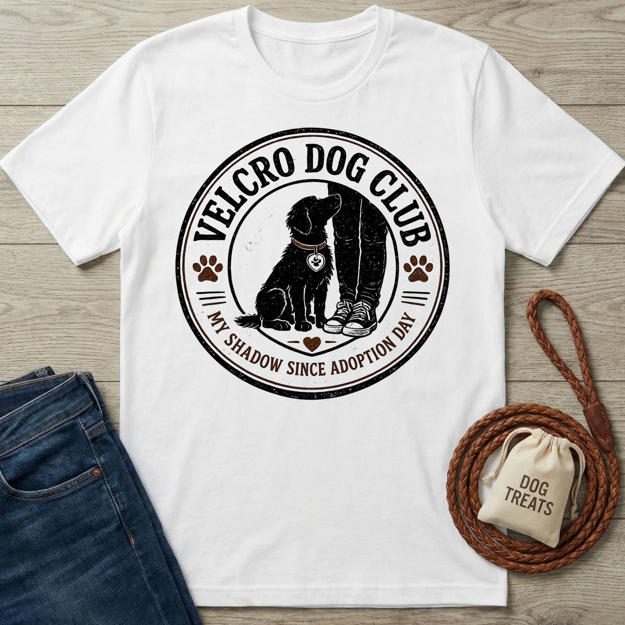 White crewneck t-shirt featuring a black Velcro Dog Club graphic of a dog sitting by a person's legs.