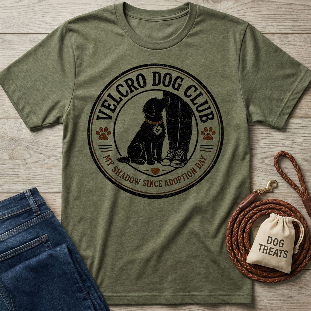 Olive green crewneck t-shirt featuring a vintage-style circular Velcro Dog Club graphic with a dog sitting by a person's leg.