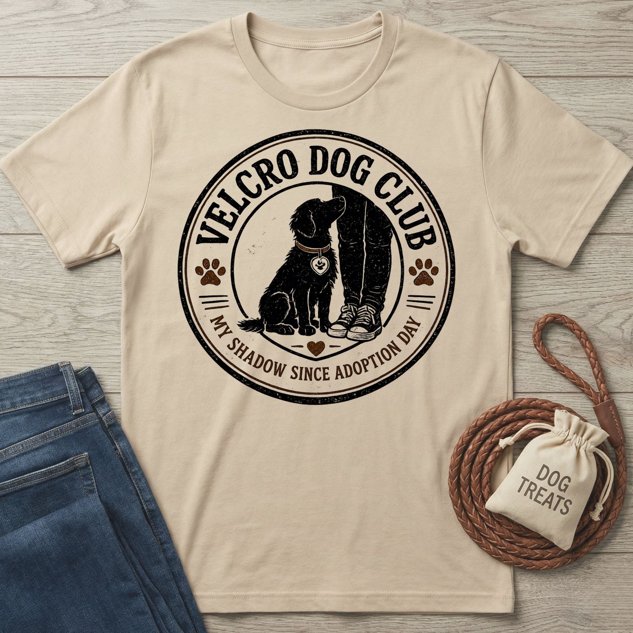 Beige crewneck t-shirt featuring a black circular graphic of a dog sitting by a person's legs with Velcro Dog Club text.
