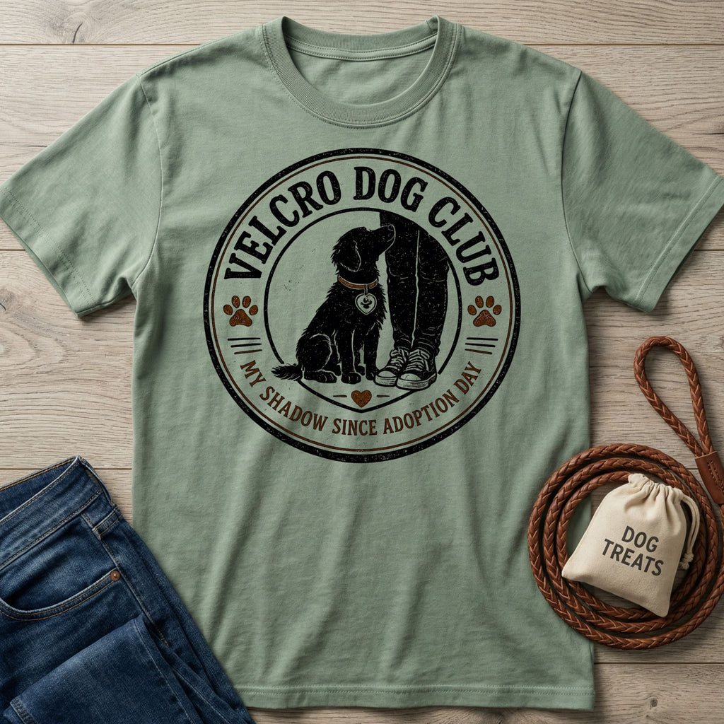 Sage green crewneck t-shirt featuring a Velcro Dog Club graphic with a dog sitting by a person's legs on a wooden background.