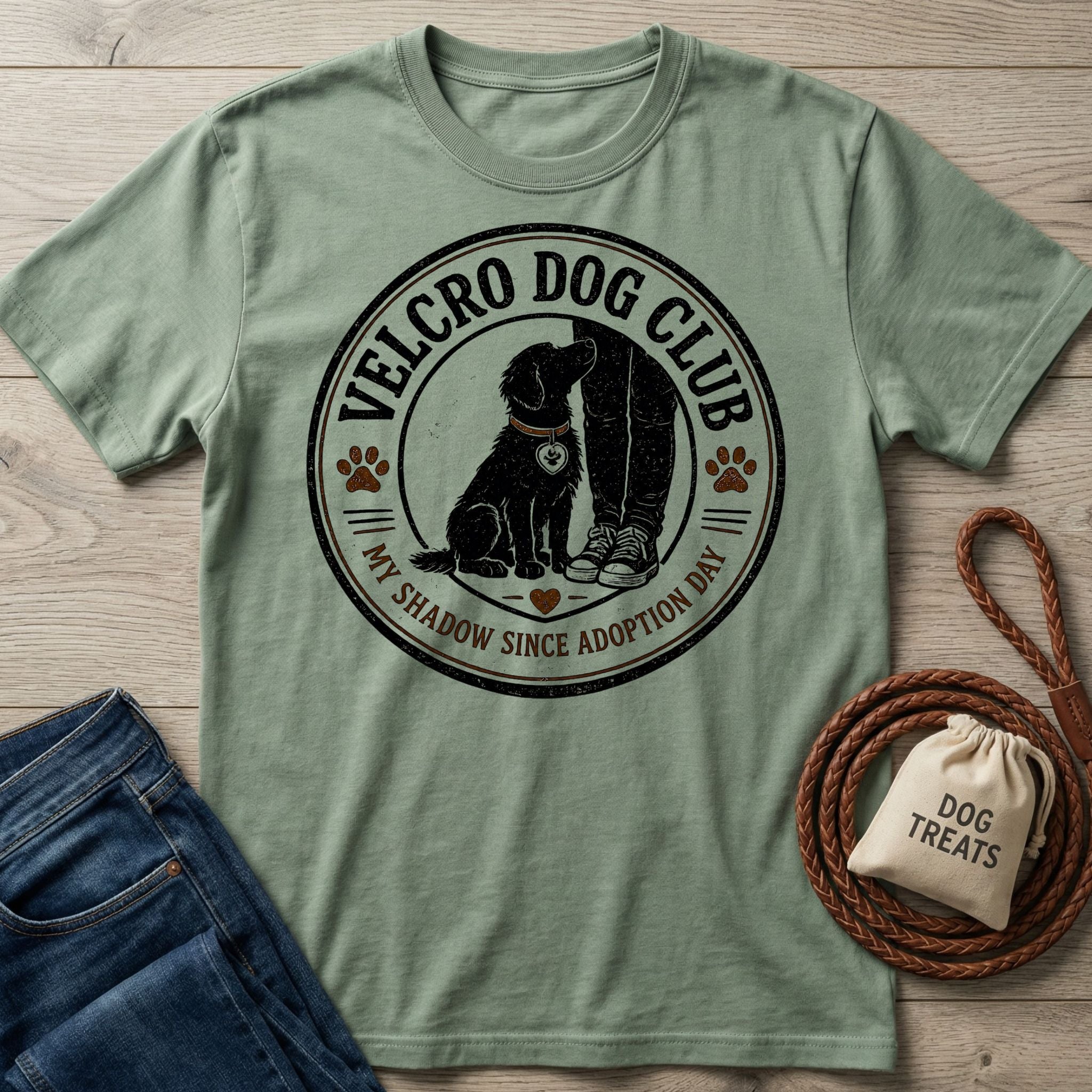 Sage green crewneck t-shirt featuring a Velcro Dog Club graphic with a dog sitting by a person's legs on a wooden background.