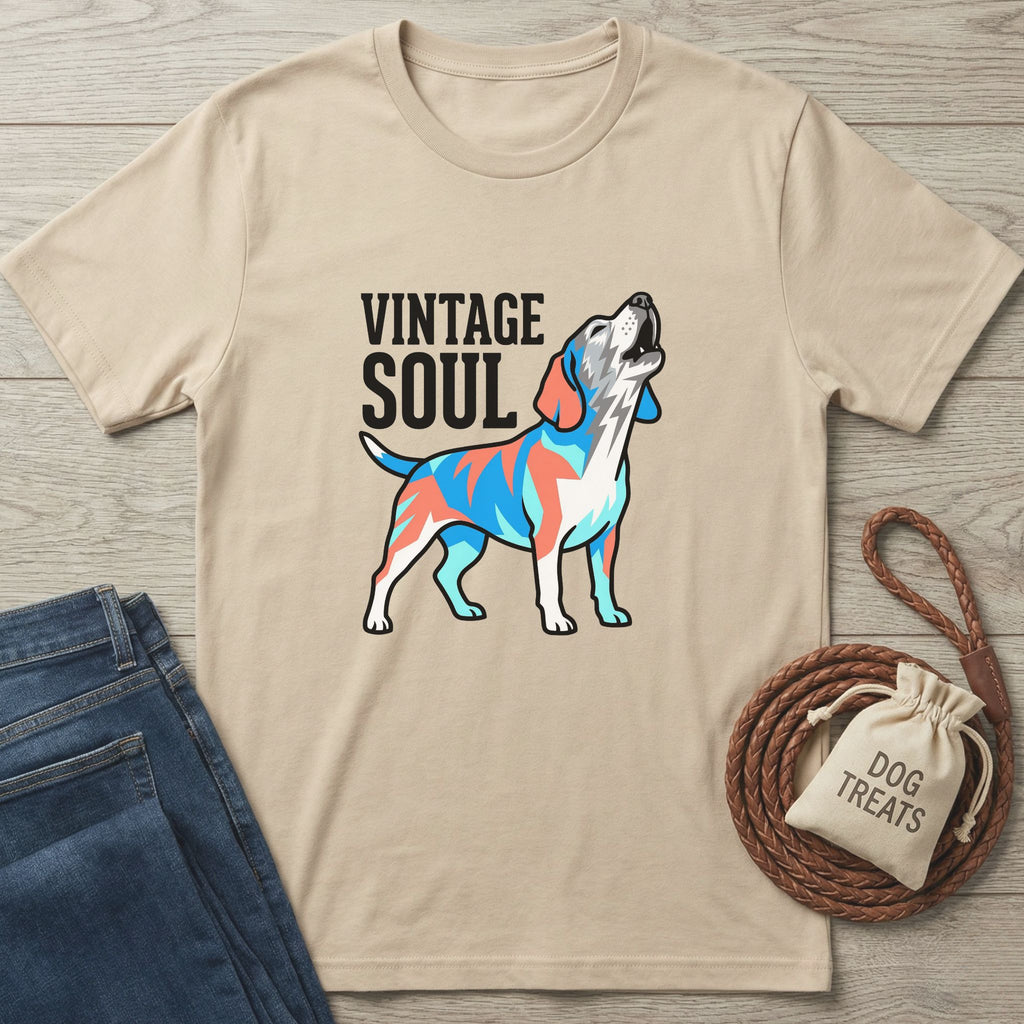 Vintage Soul T-shirt, a beige Gildan Softstyle® tee with a colorful howling dog graphic.