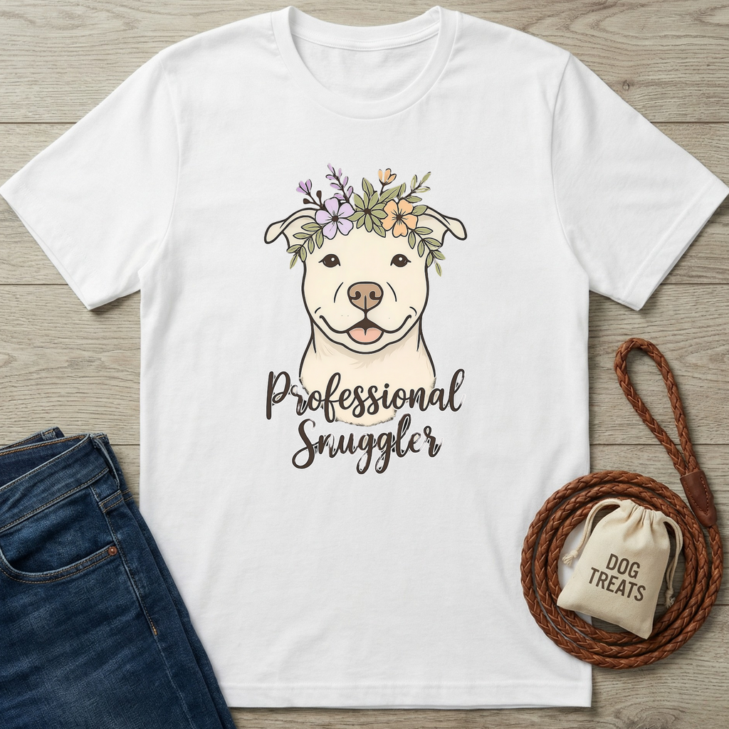 White cotton t-shirt with a cute pit bull wearing a floral crown and "Professional Snuggler" text.