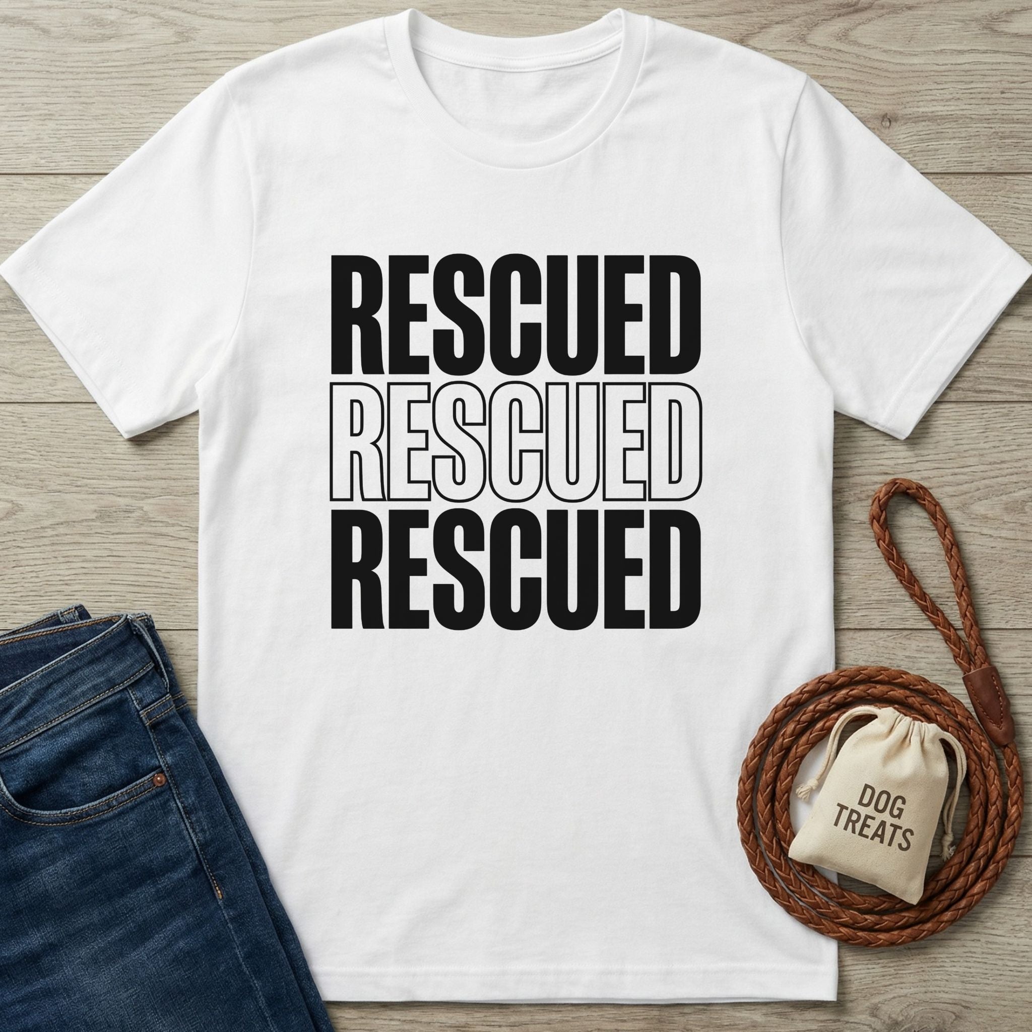 White Gildan Softstyle® "Rescued" graphic tee, dark jeans, braided leash, and "Dog Treats" bag.