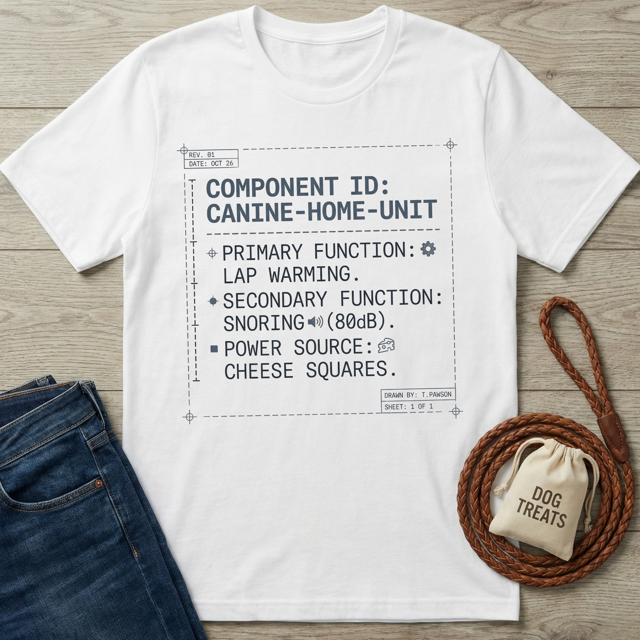 White cotton t-shirt with "COMPONENT ID: CANINE-HOME-UNIT" blueprint design.