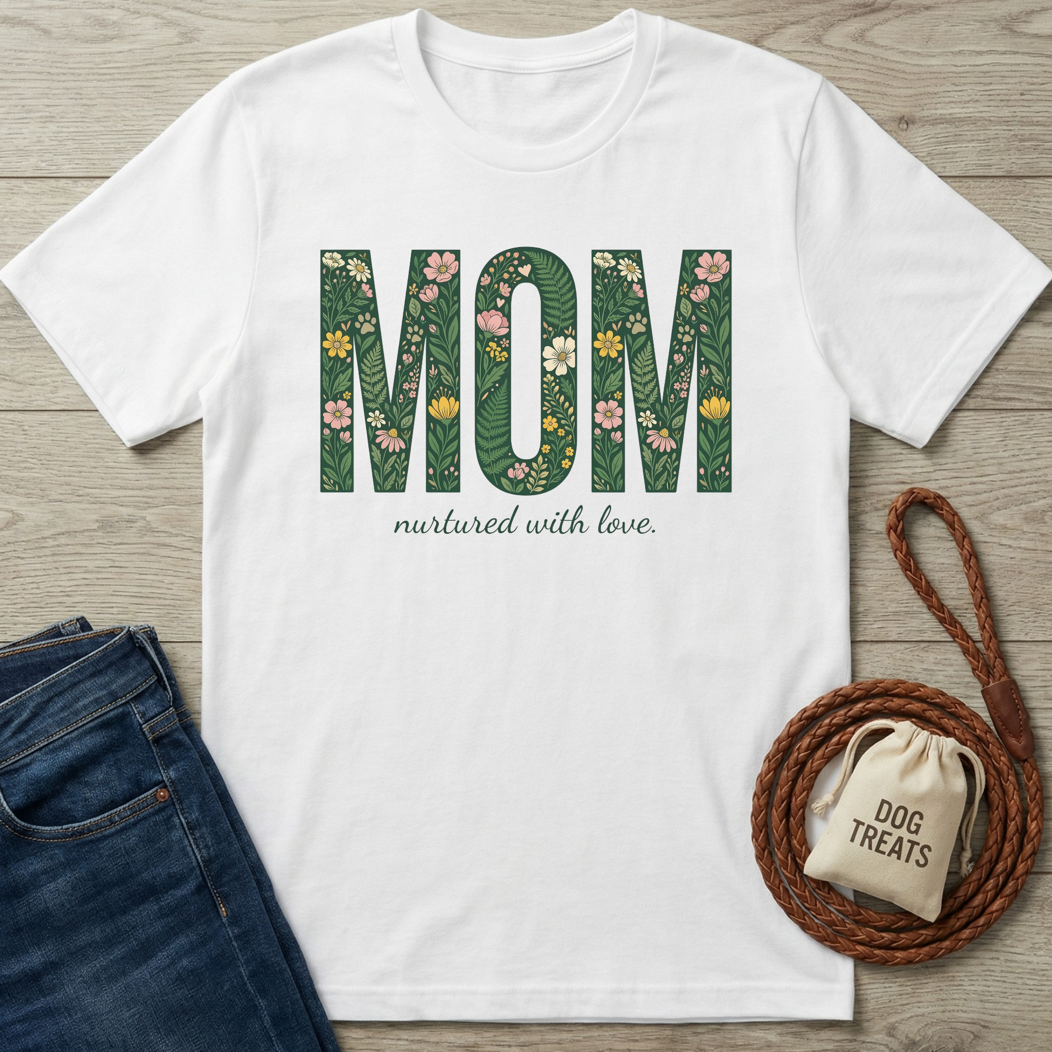 White cotton t-shirt with "MOM nurtured with love" in floral green print.