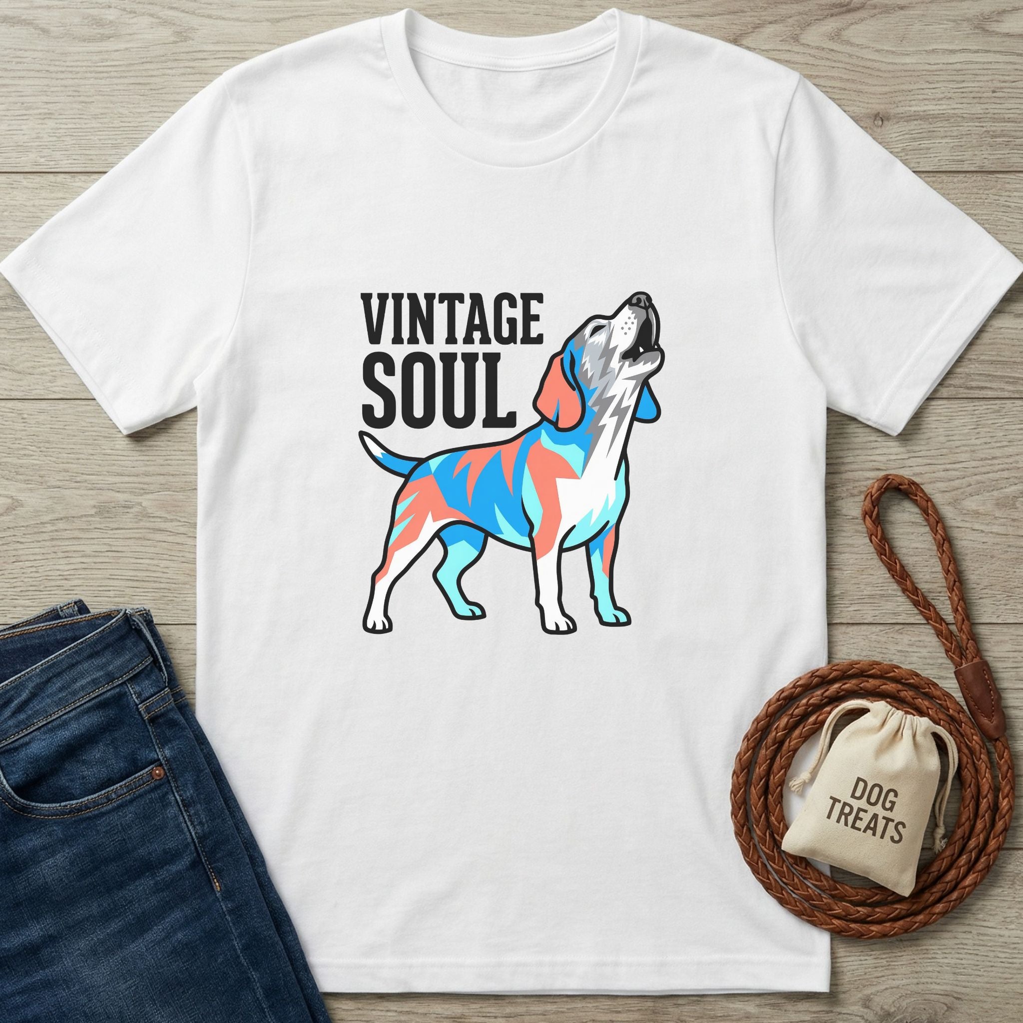 White Gildan Softstyle t-shirt with "Vintage Soul" text and a colorful howling dog graphic.