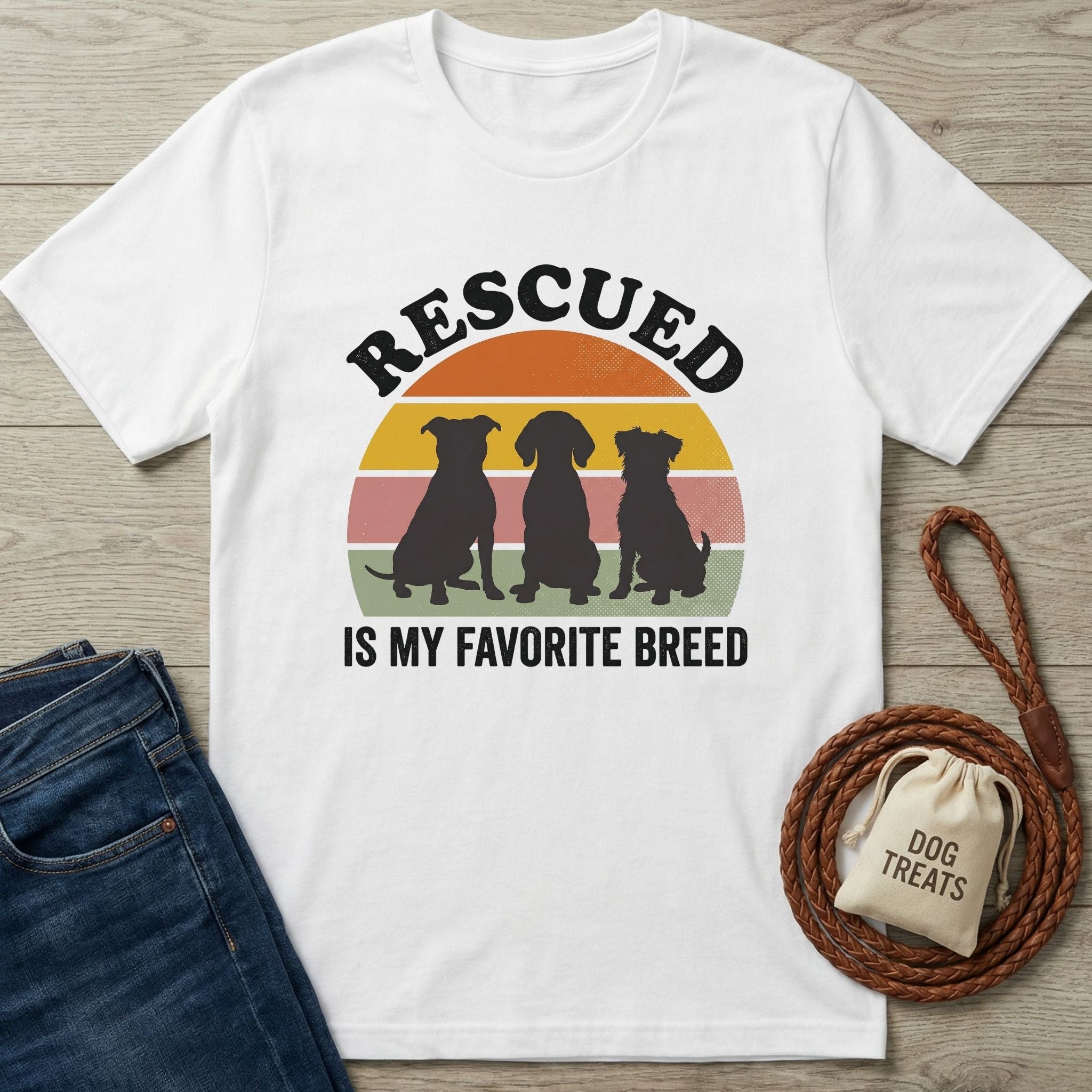 White Gildan Softstyle t-shirt with "RESCUED IS MY FAVORITE BREED" text and three dog silhouettes.