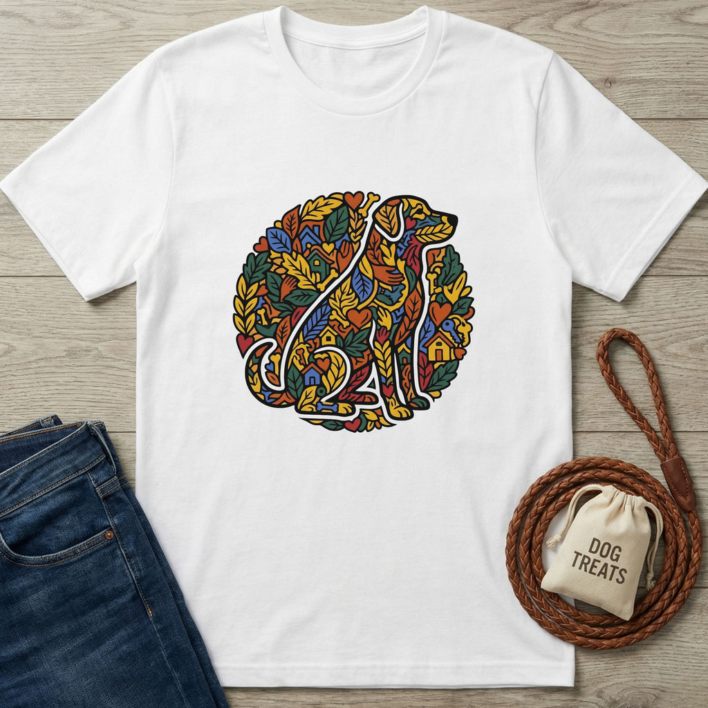 White t-shirt with colorful dog graphic, jeans, dog leash, and dog treats bag on a wooden surface