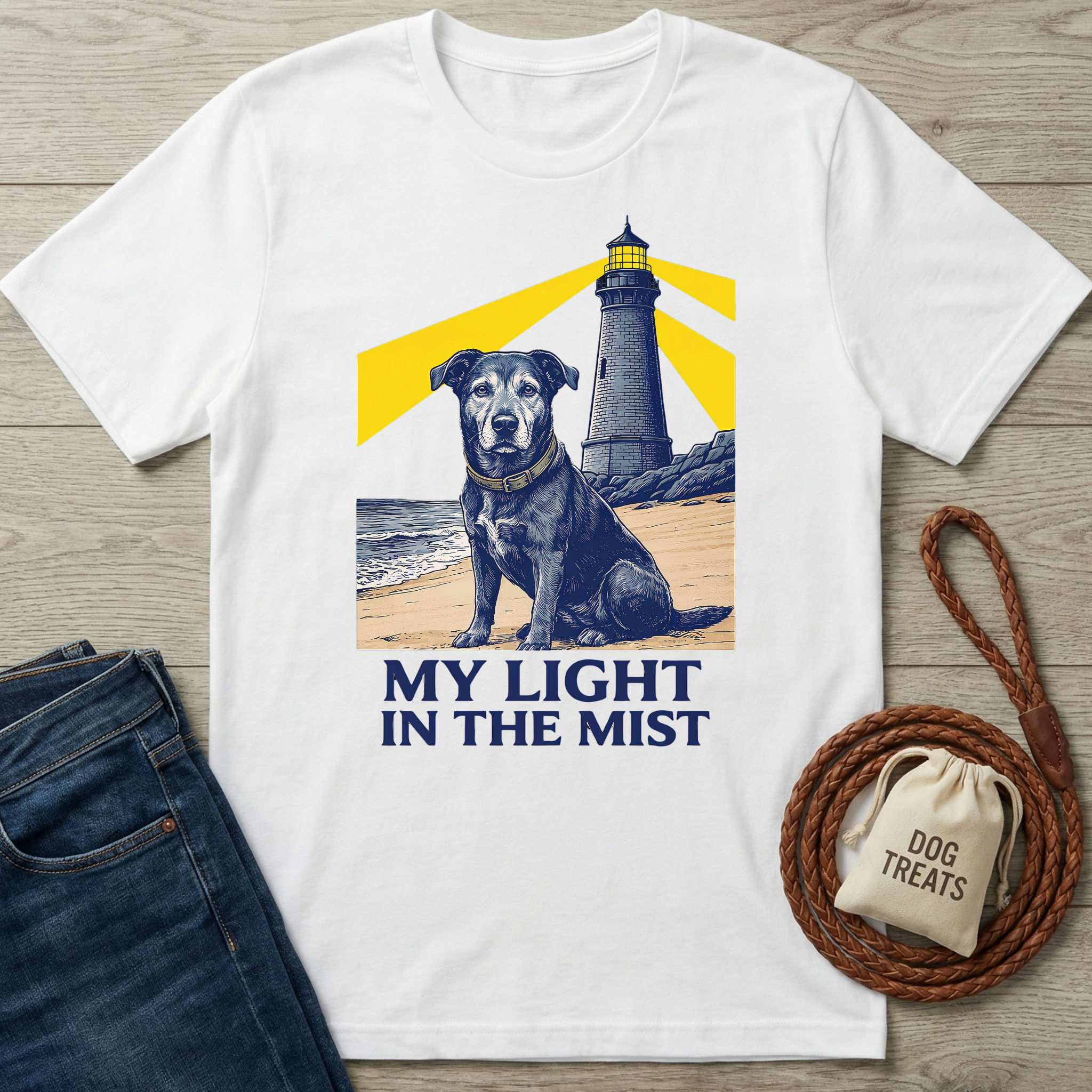 White cotton t-shirt with a black dog and lighthouse design, "My Light In The Mist" text.