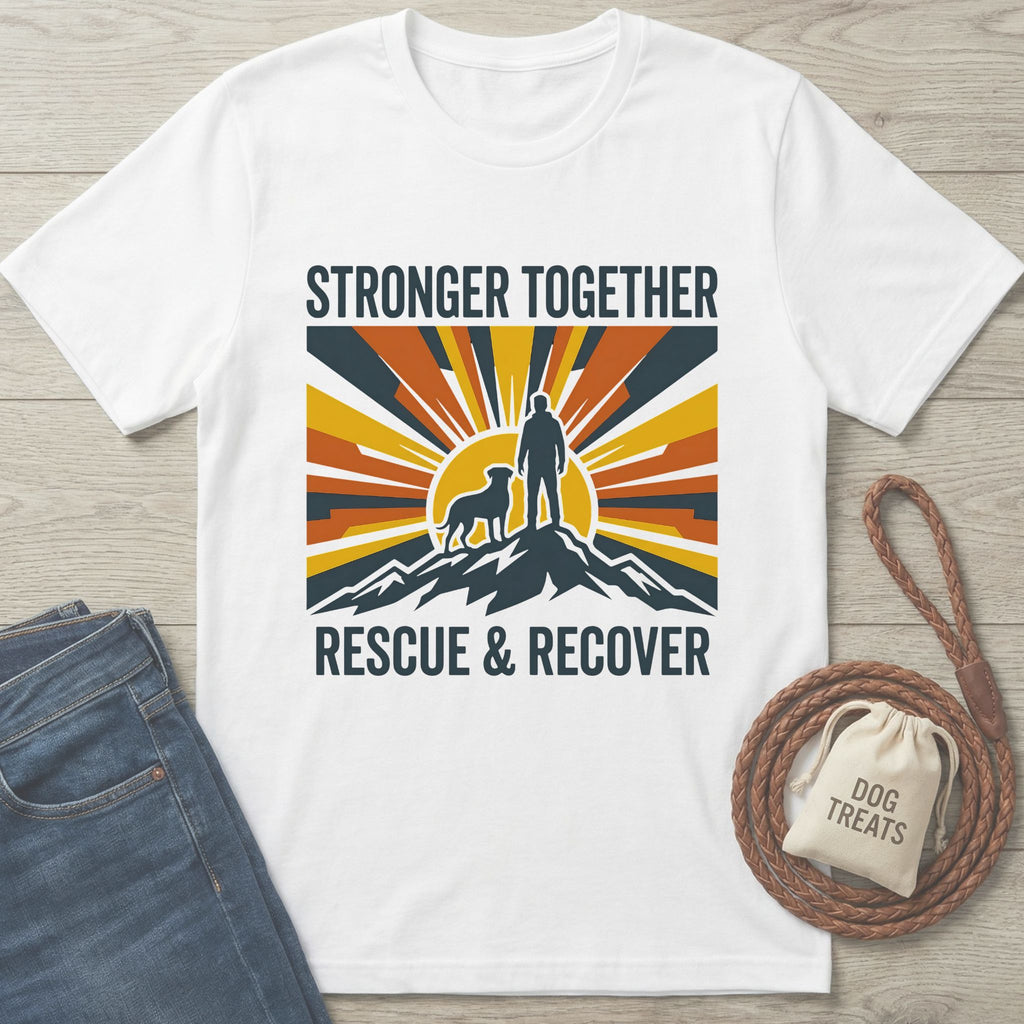White Gildan Softstyle® t-shirt with "Stronger Together Rescue & Recover" graphic featuring a person and dog on a mountain.