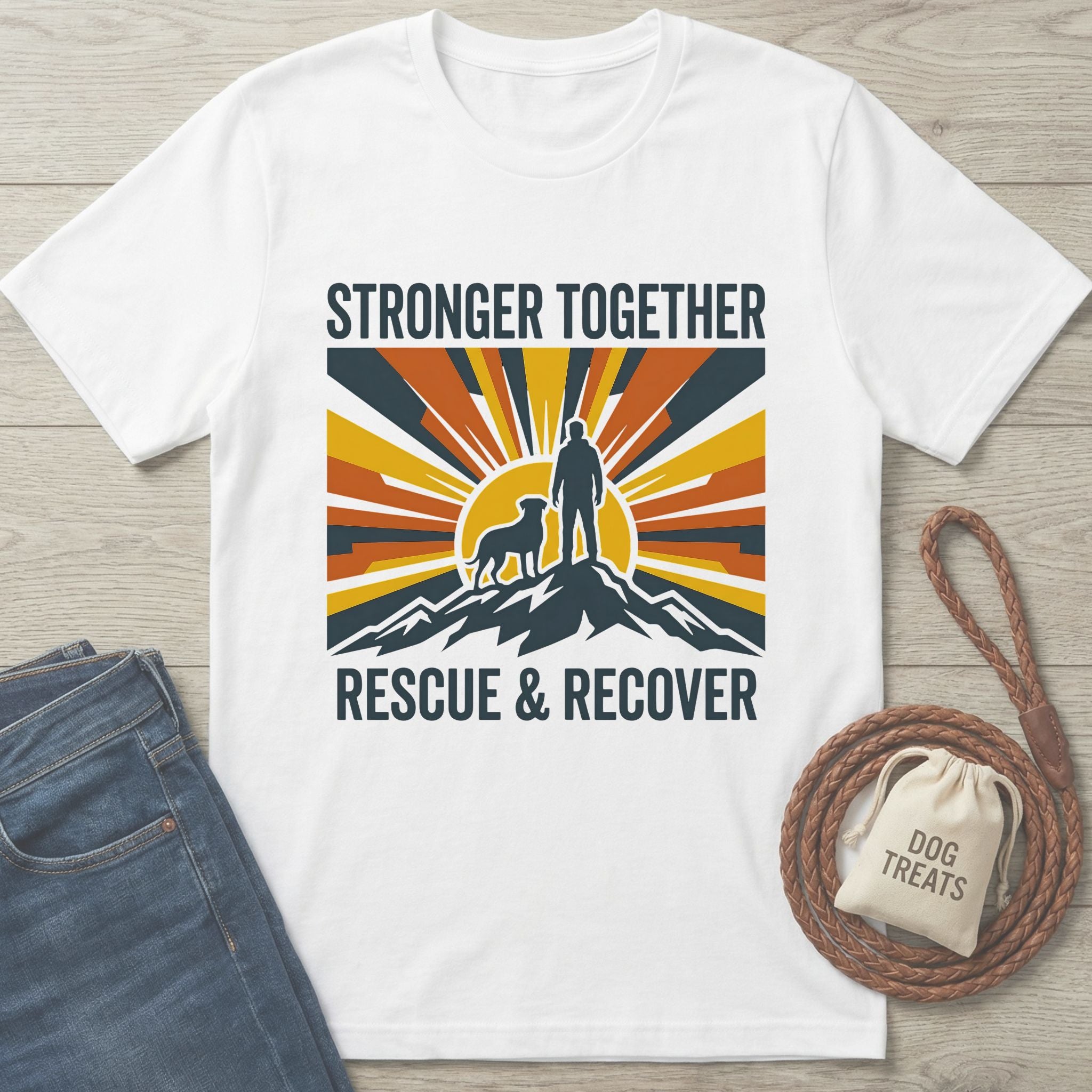 White Gildan Softstyle® t-shirt with "Stronger Together Rescue & Recover" graphic featuring a person and dog on a mountain.