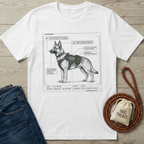 White cotton EEDU Dog T-Shirt with a detailed K-9 "Hopper" diagram, dog treats bag, and jeans.