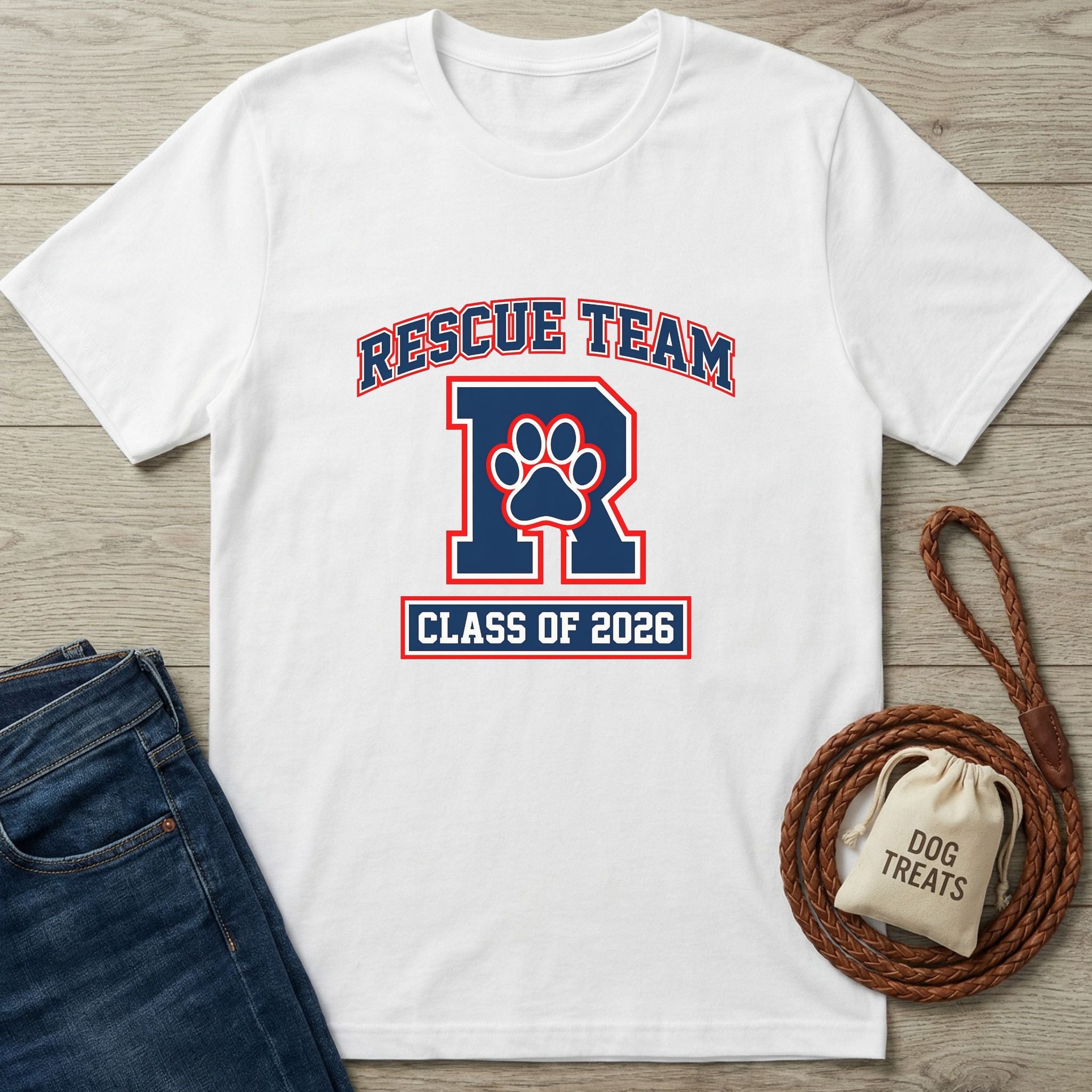White Gildan Softstyle® 64000 tee with "RESCUE TEAM R" and paw print, "CLASS OF 2026" in red and blue.