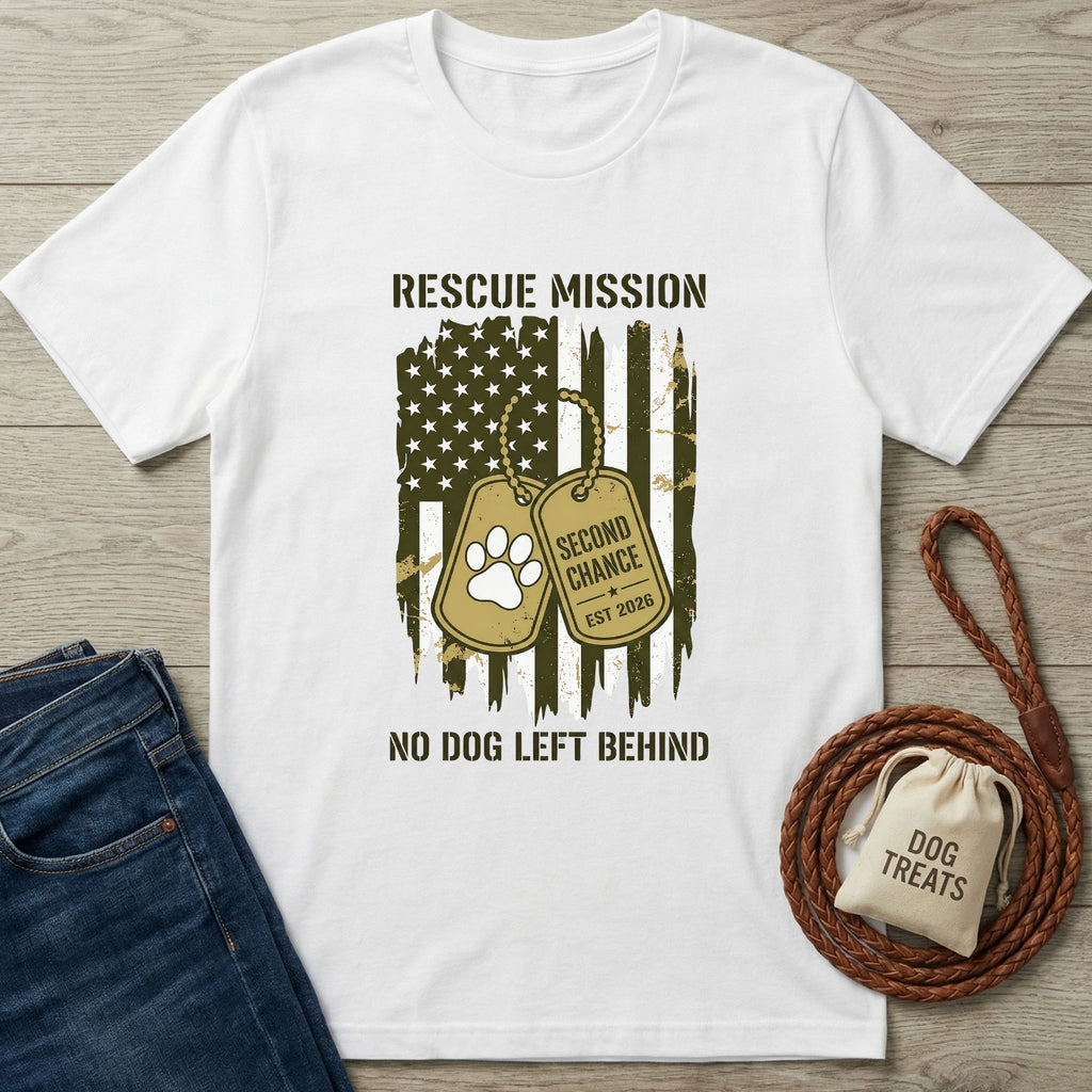 White Gildan Softstyle® 64000 tee with "Rescue Mission" and "No Dog Left Behind" text, featuring a distressed US flag and dog tags.