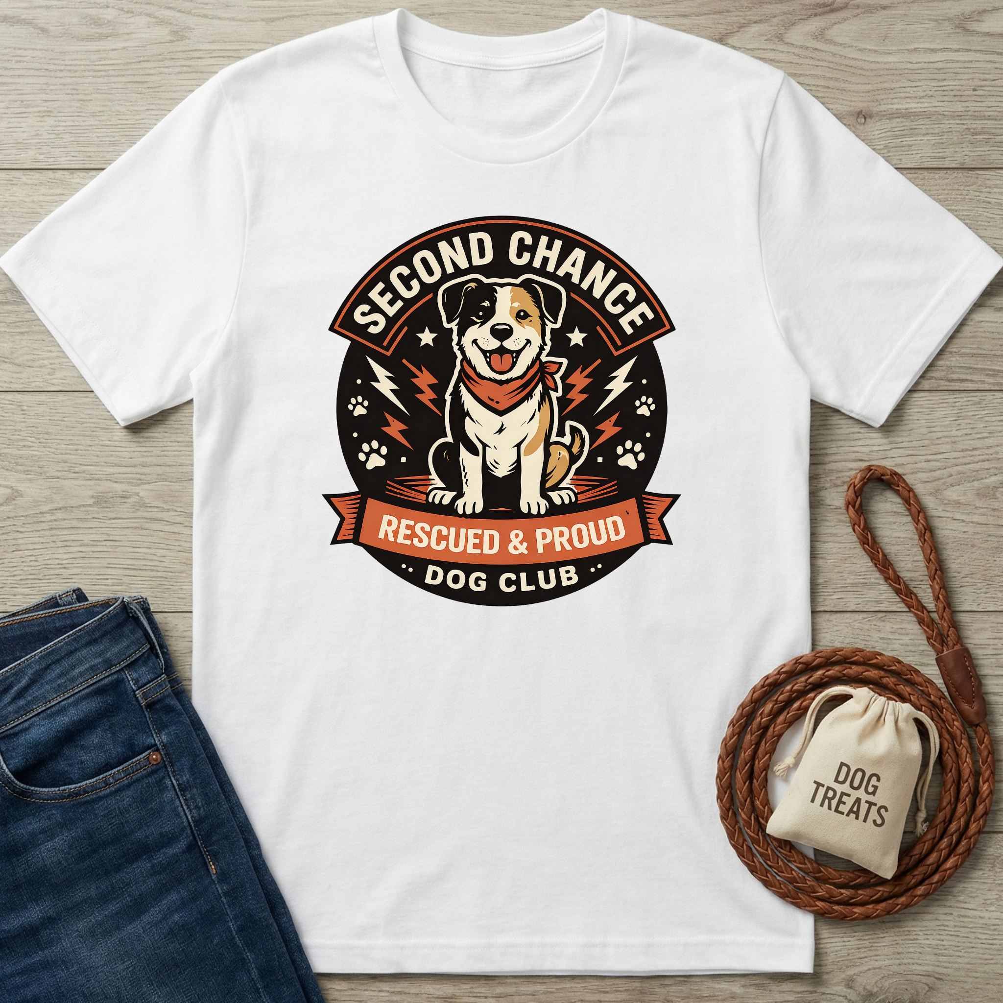 White cotton Second Chance Dog Club T-shirt with a colorful graphic of a happy dog wearing a red bandana.