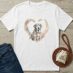 White Gildan Softstyle t-shirt with a watercolor gray Labrador in a pastel heart, next to jeans and a dog leash.