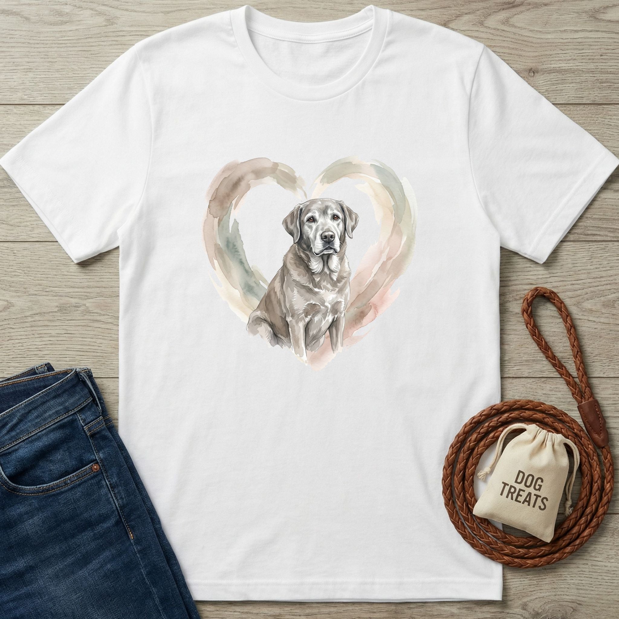 White Gildan Softstyle t-shirt with a watercolor gray Labrador in a pastel heart, next to jeans and a dog leash.
