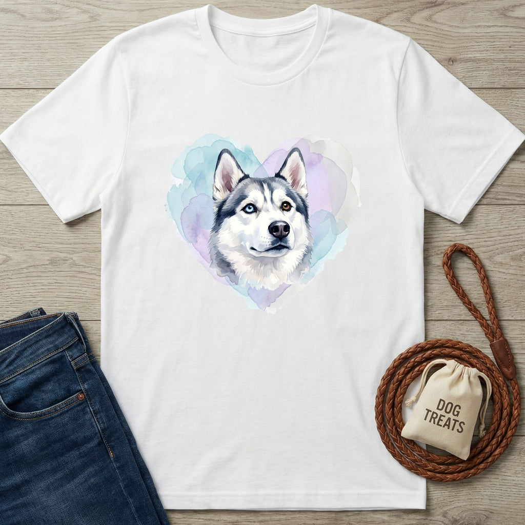 White Gildan Softstyle® t-shirt with a watercolor husky head in a pastel heart, next to jeans and a leash.