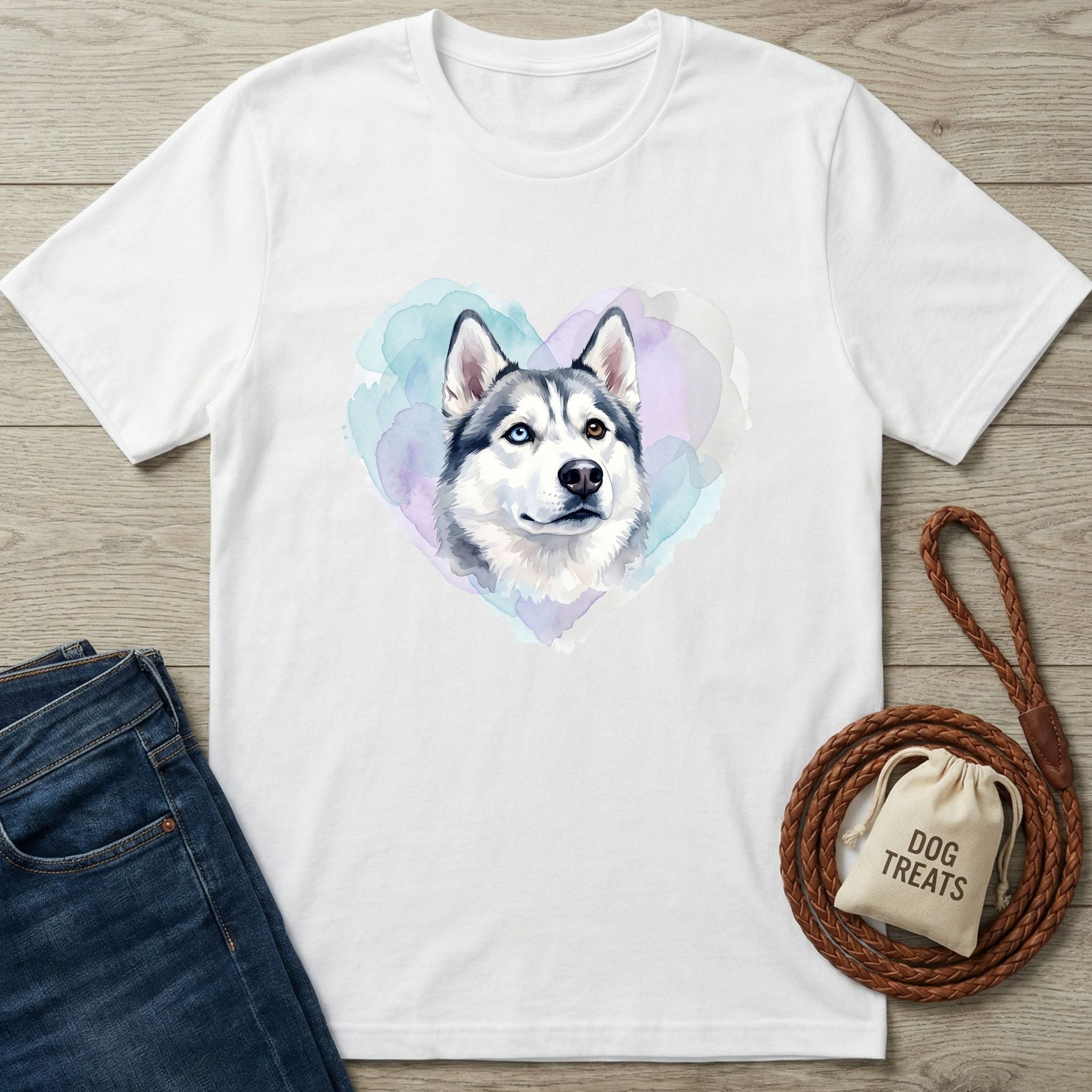 White Gildan Softstyle® t-shirt with a watercolor husky head in a pastel heart, next to jeans and a leash.