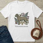 White cotton t-shirt with a "Rescue Specimen" dog graphic, ferns, and berries.