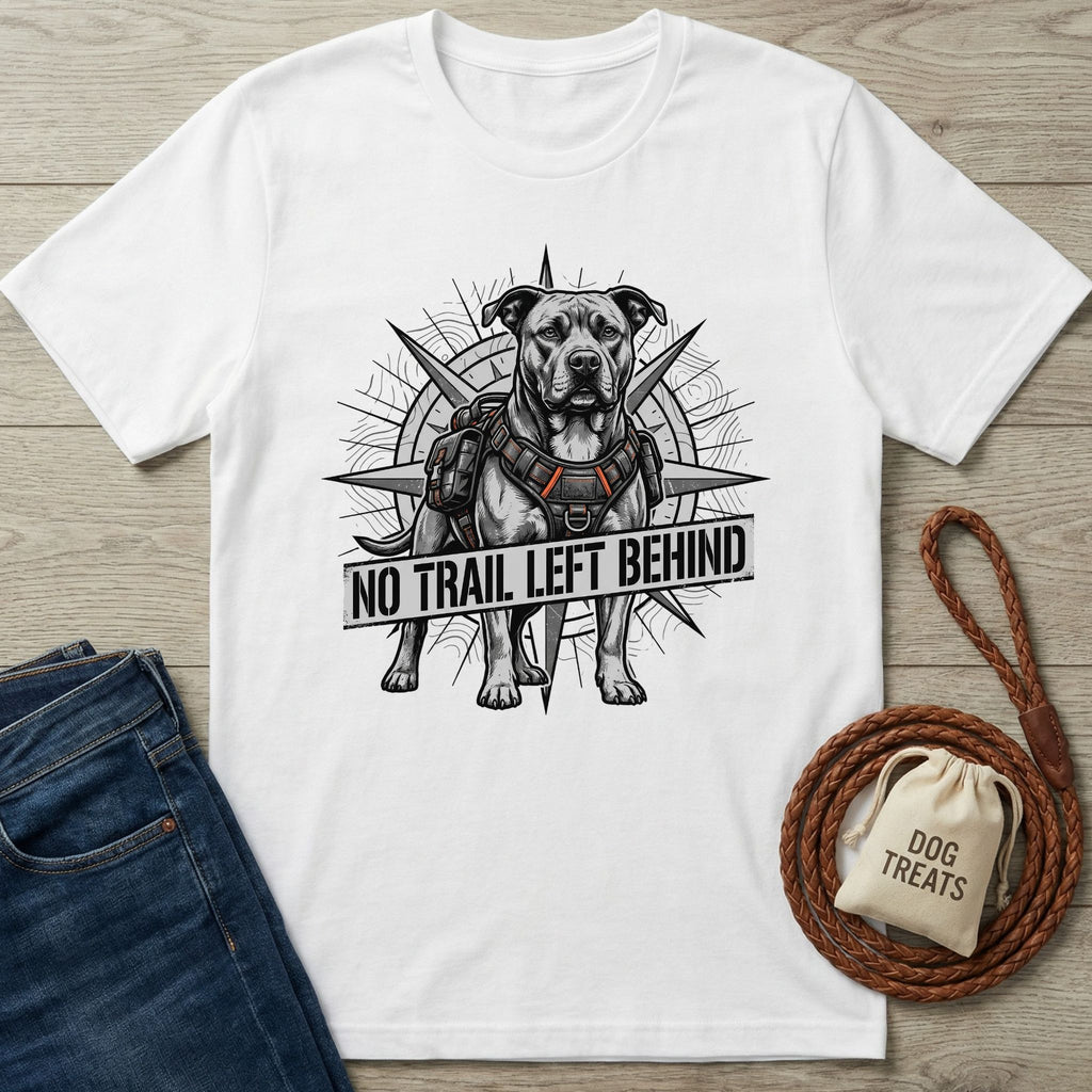 White Gildan Softstyle® t-shirt with a graphic of a rescue dog wearing a harness and "NO TRAIL LEFT BEHIND" text.