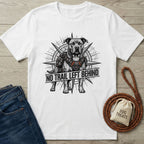 White Gildan Softstyle® t-shirt with a graphic of a rescue dog wearing a harness and "NO TRAIL LEFT BEHIND" text.