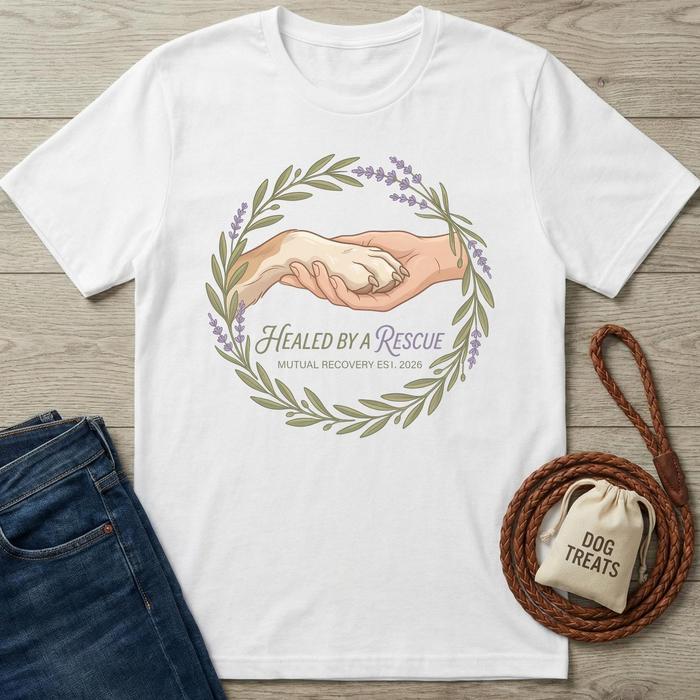 White cotton t-shirt with "Healed By A Rescue" graphic of a human hand holding a dog paw, encircled by lavender.