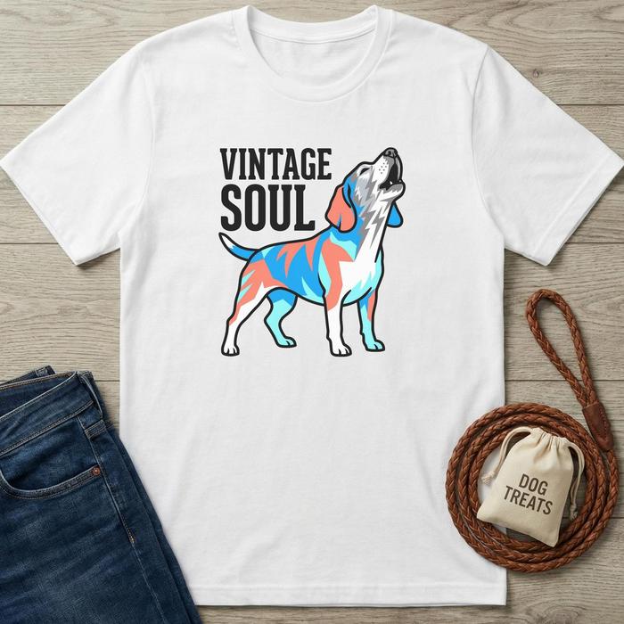 White t-shirt with colorful dog graphic and 'Vintage Soul' text, paired with jeans and a dog treat bag on a wooden surface.