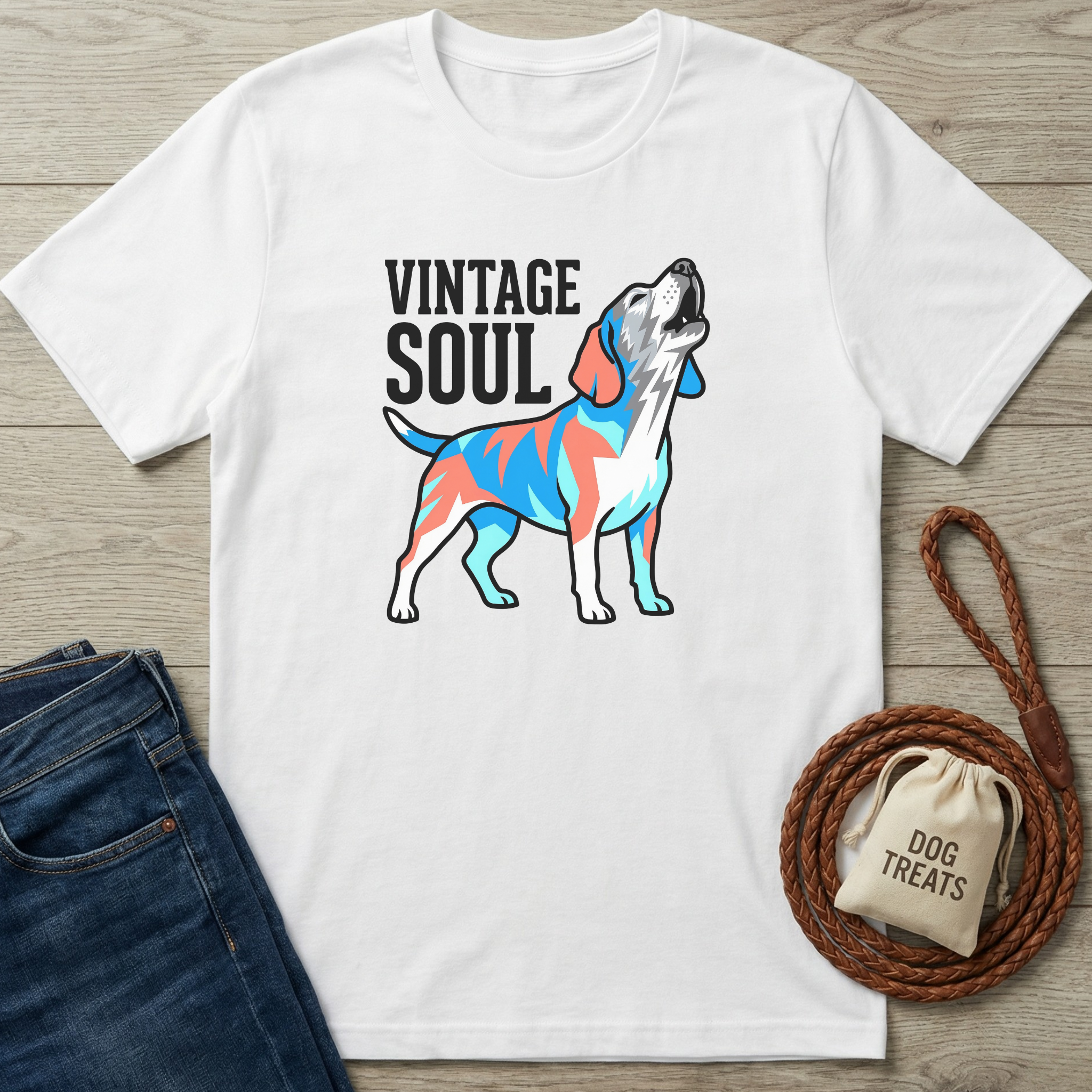 White t-shirt with colorful dog graphic and 'Vintage Soul' text, paired with jeans and a dog treat bag on a wooden surface.