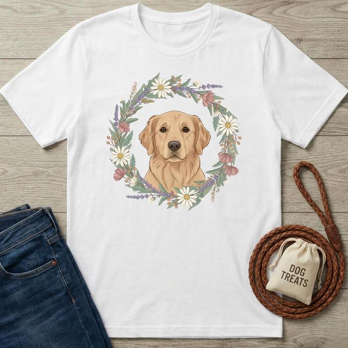 White t-shirt with a golden retriever design, jeans, dog leash, and treat bag on a wooden surface.