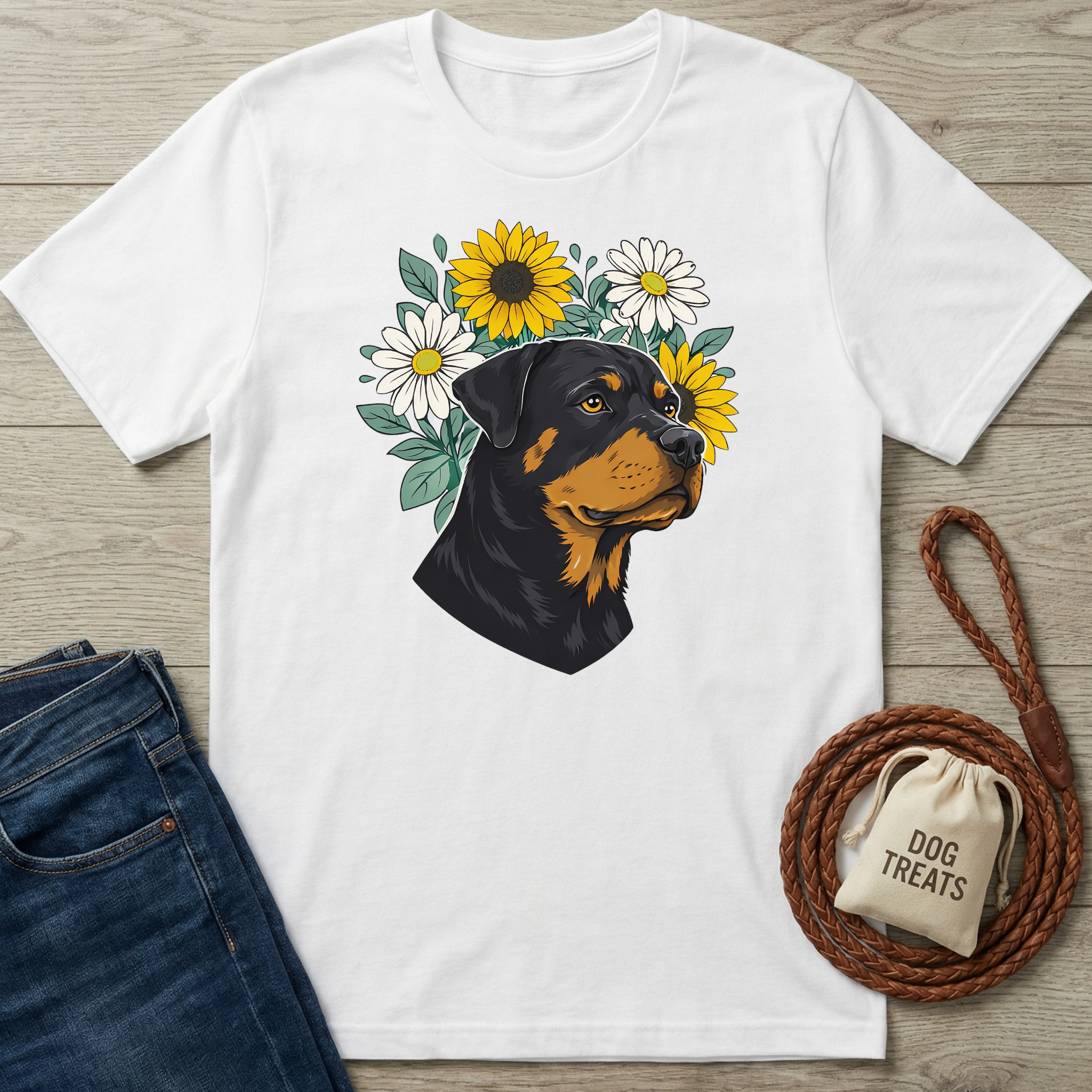 White cotton t-shirt with a Rottweiler head surrounded by yellow sunflowers and white daisies.