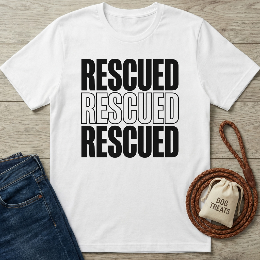White cotton "Rescued" t-shirt with bold black text, next to blue jeans, a braided leash, and a "Dog Treats" bag.