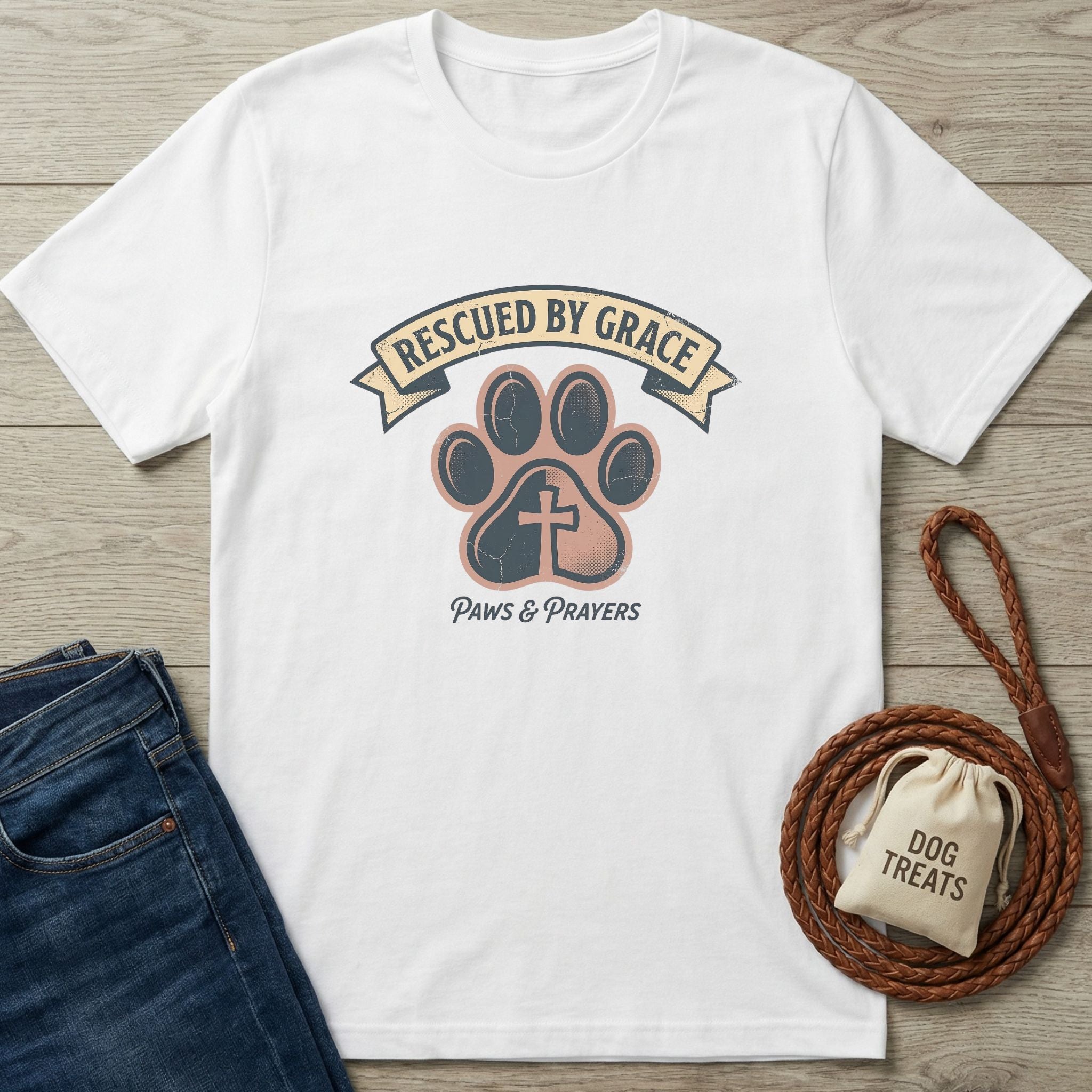 White Gildan Softstyle® t-shirt with "Rescued by Grace" banner, paw print, cross, and "Paws & Prayers" text.
