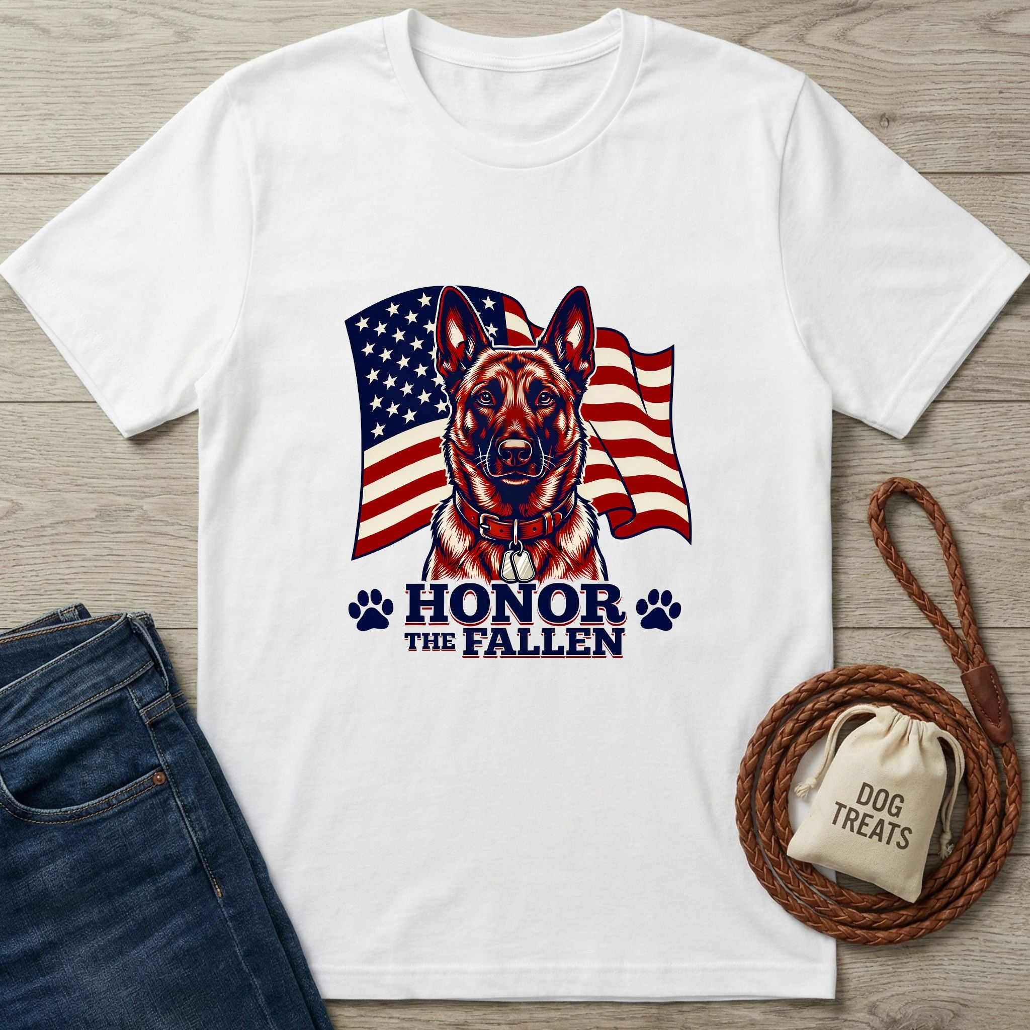 White Gildan Softstyle® t-shirt with a German Shepherd and American flag design, "Honor The Fallen" text.