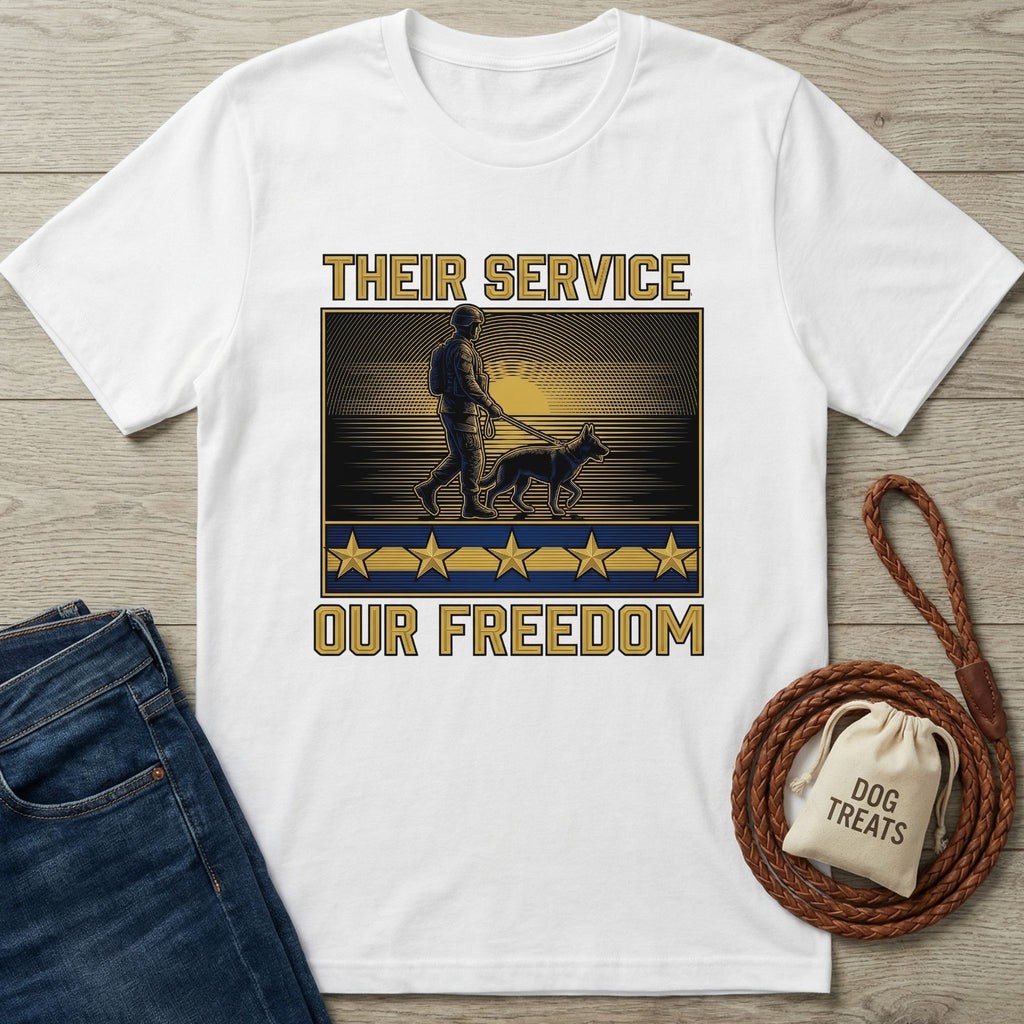 White Gildan Softstyle t-shirt with "Their Service Our Freedom" graphic featuring a soldier and dog.
