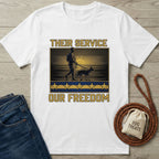 White Gildan Softstyle t-shirt with "Their Service Our Freedom" graphic featuring a soldier and dog.