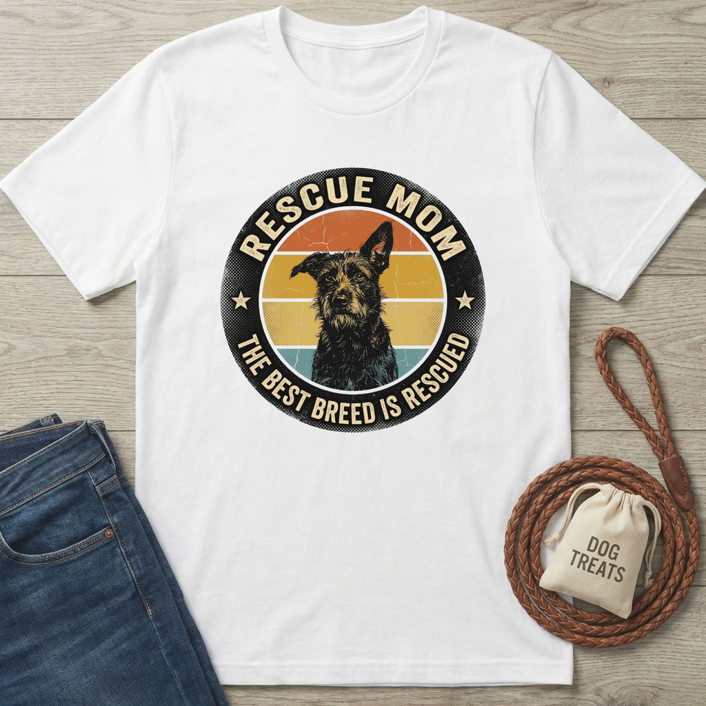 White Gildan Softstyle® 64000 "Rescue Mom" t-shirt with a vintage dog graphic and blue jeans.