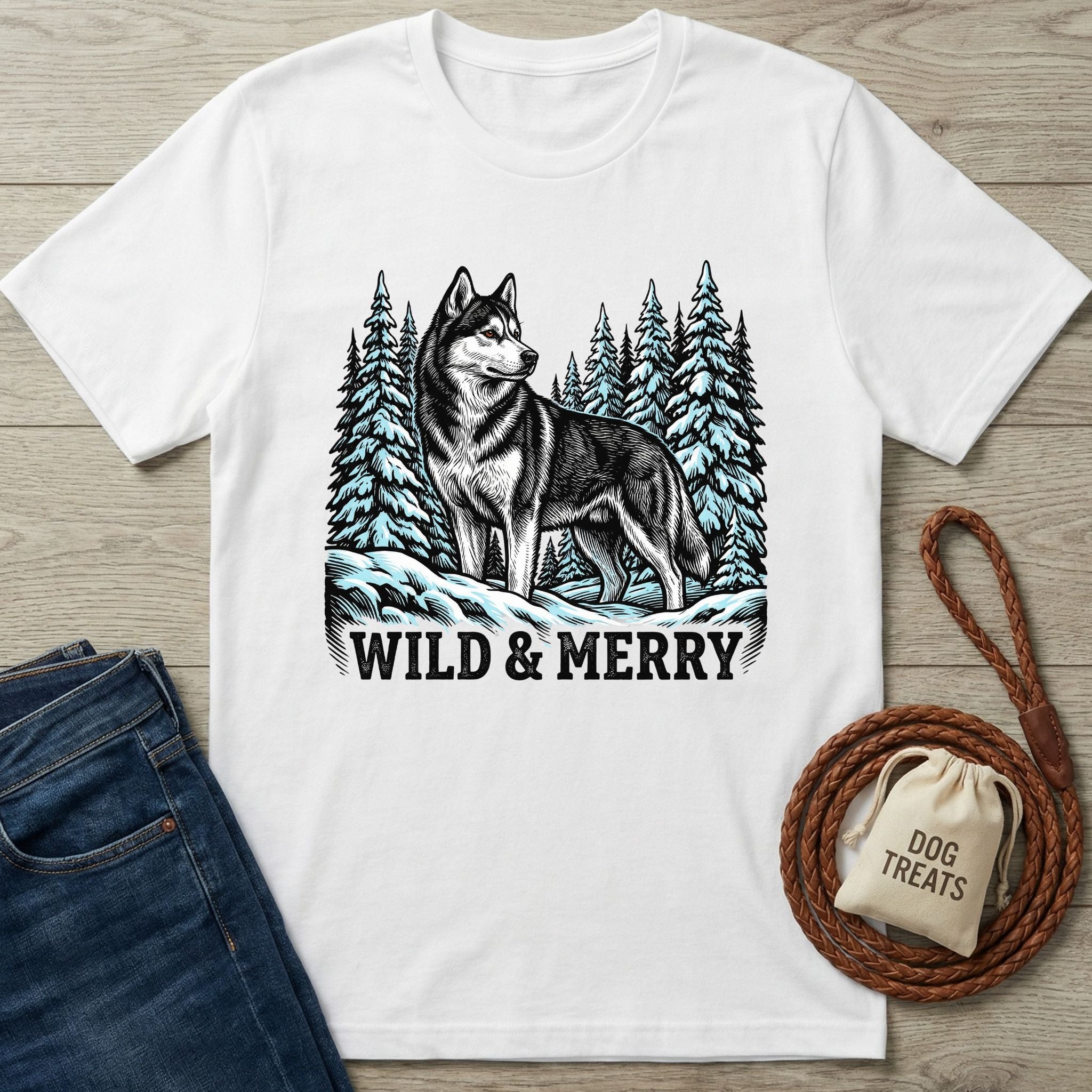 White Gildan Softstyle t-shirt with a black and white husky, snowy trees, and "WILD & MERRY" text.