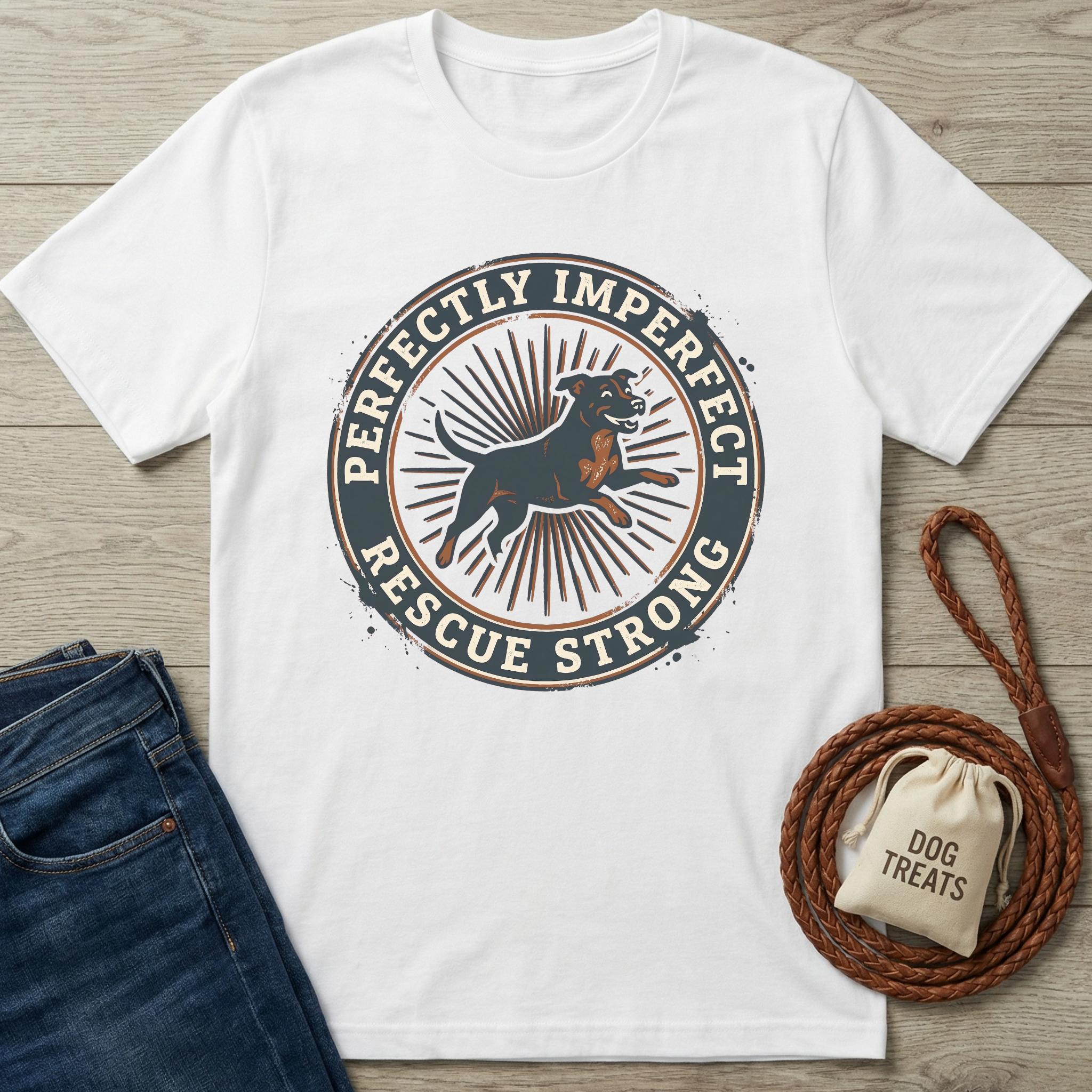 White cotton t-shirt with "Perfectly Imperfect Rescue Strong" text and a black dog graphic.