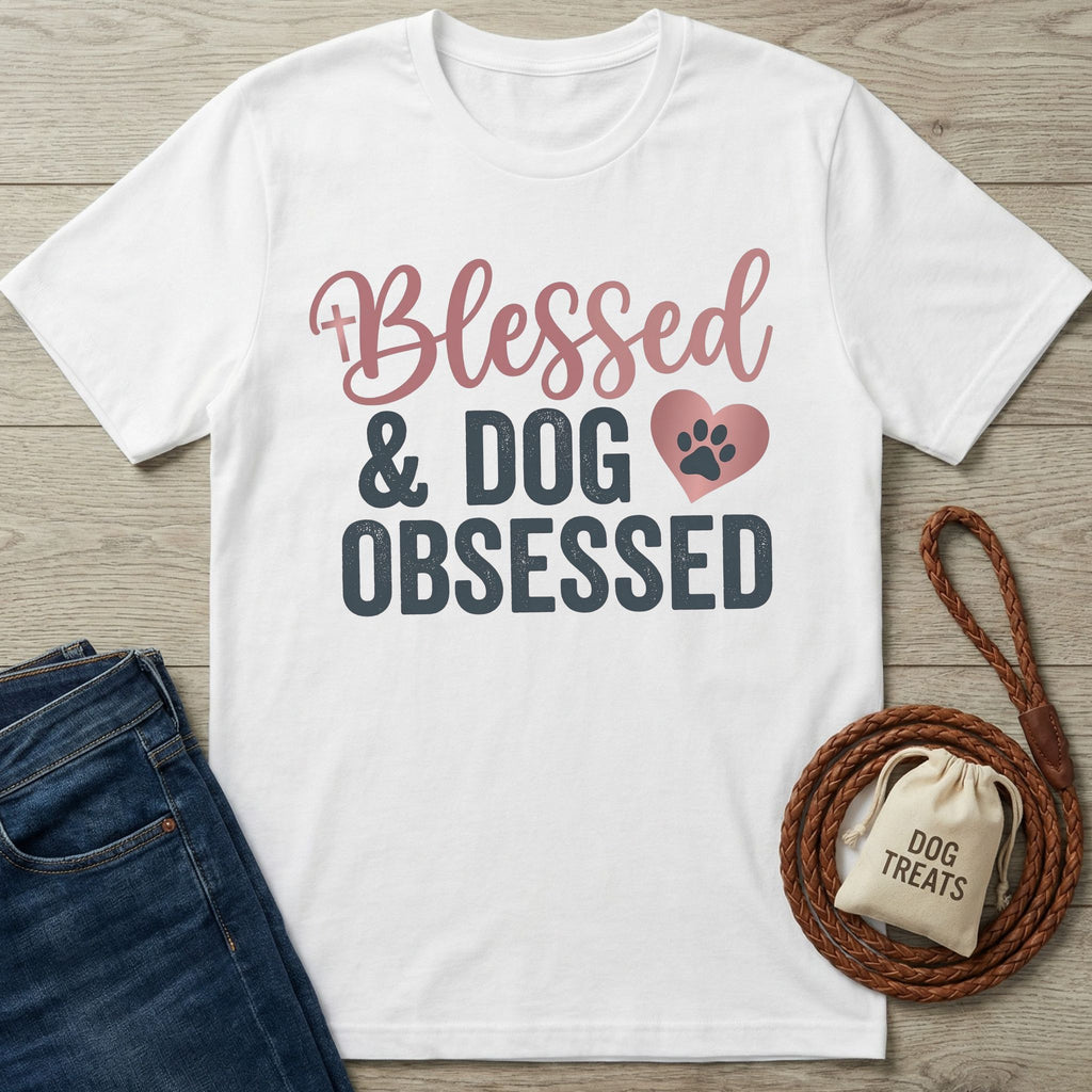 White Gildan Softstyle t-shirt with "Blessed & Dog Obsessed" graphic, pink heart, and paw print.