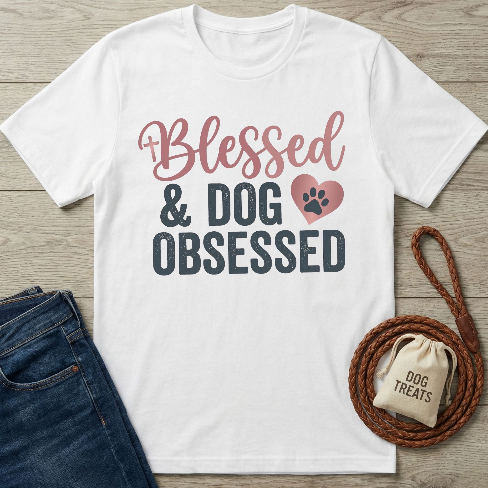 White Gildan Softstyle t-shirt with "Blessed & Dog Obsessed" graphic, pink heart, and paw print.