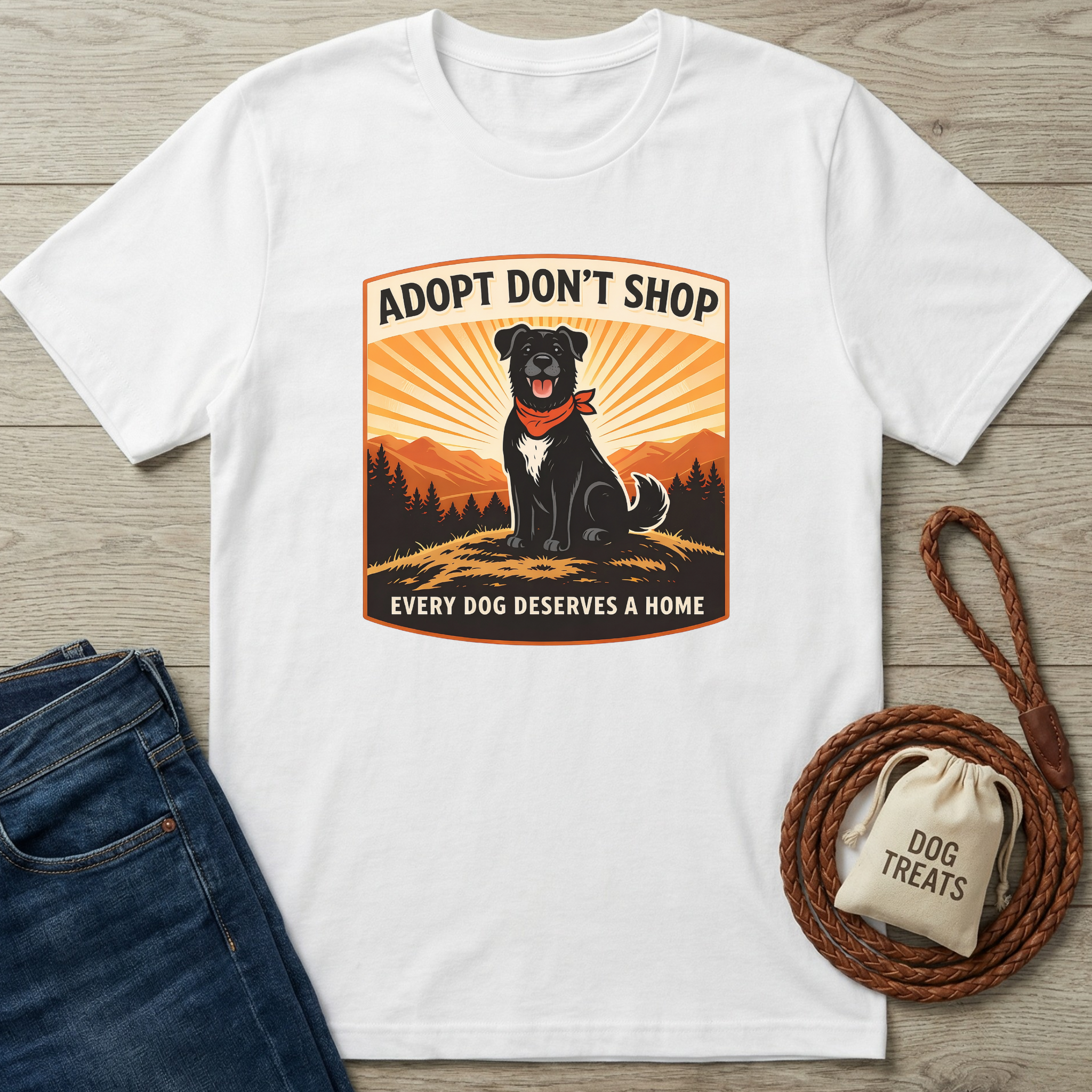 White "Adopt Don't Shop" t-shirt with a black dog wearing a red bandana, mountains, and sunset graphic.