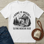 White Gildan Softstyle® t-shirt with "Home Is Where The Rescue Is" graphic featuring a dog on a porch.