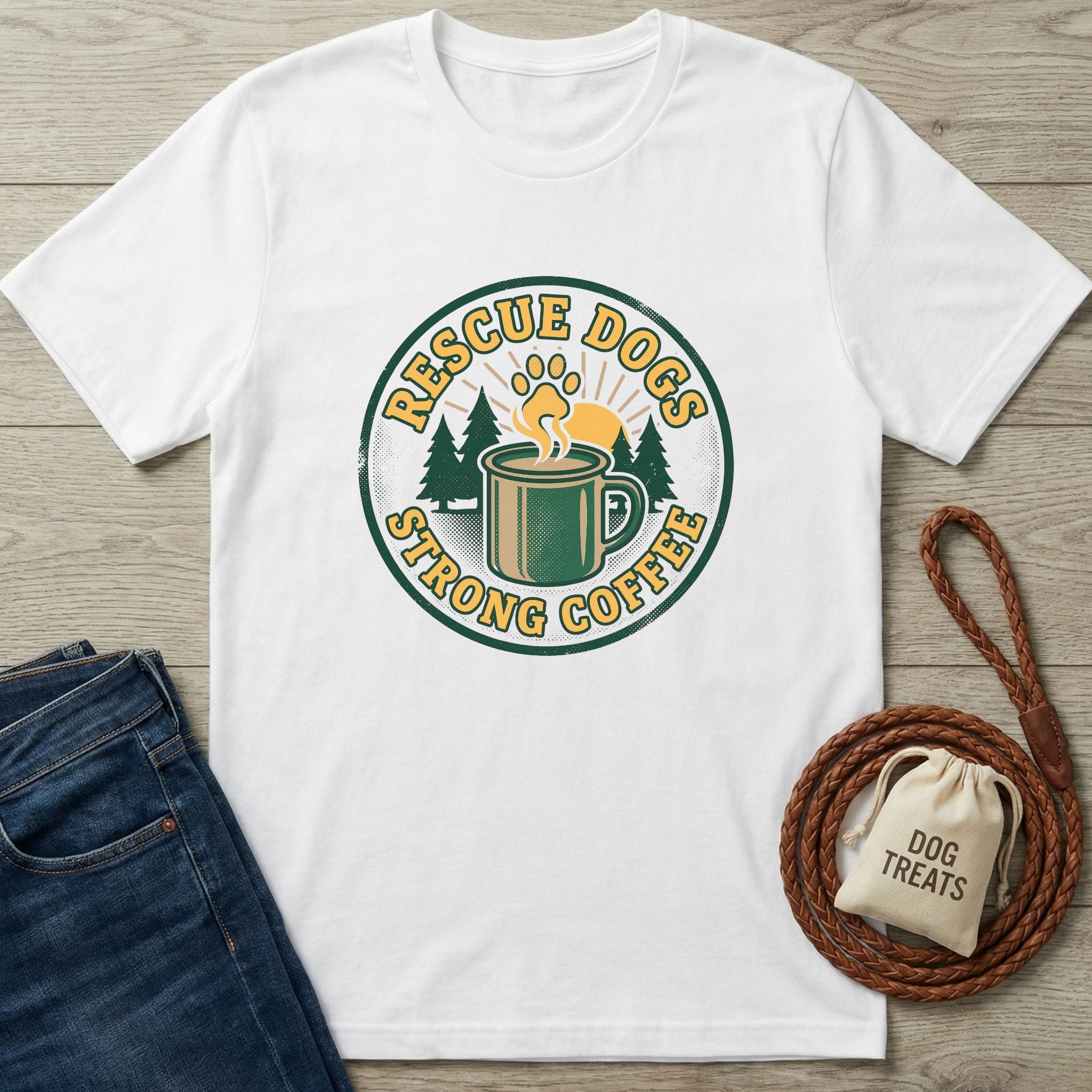 White Gildan Softstyle t-shirt with "Rescue Dogs Strong Coffee" graphic, featuring a paw print, trees, and a coffee mug.